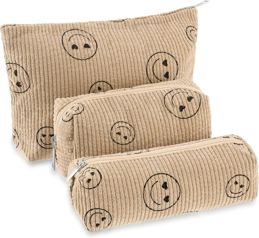 3 Pcs Makeup Bag Set for Women Corduroy Cosmetic Pouch Aesthetic Smile Travel Toiletry Bag Cute Purse Pouch Pencil Case Makeup Brushes Storage Organizer for Christmas(Khaki,Smile Face)