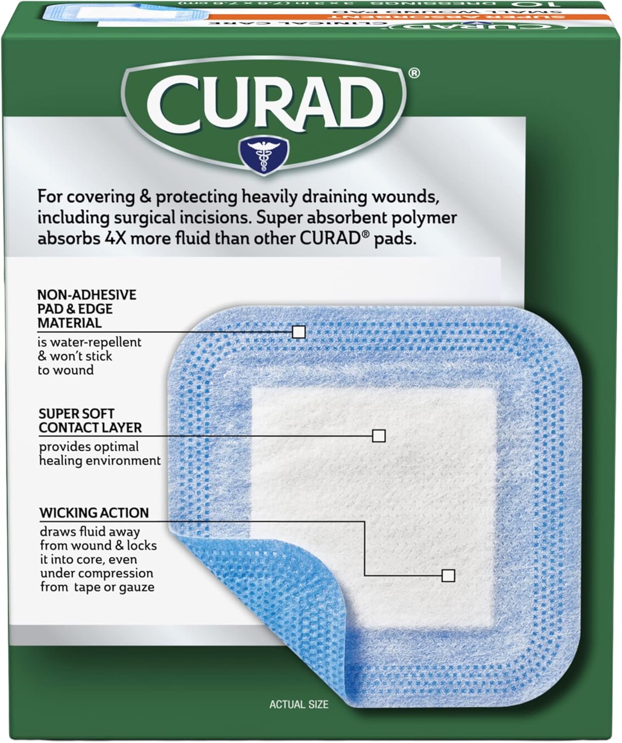 Curad Super Absorbent Wound Pad, Small, 3" x 3", 10 Count, 3 Pack