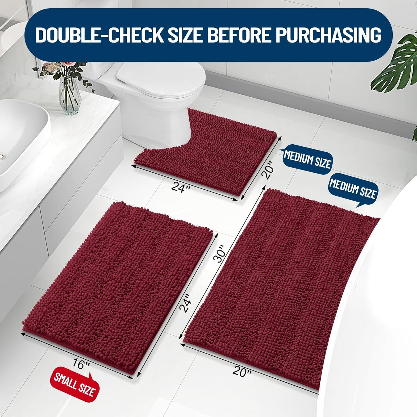 Grandaily Chenille Striped Bathroom Rugs 47x32, Extra Thick and Absorbent Bath Mats, Non-Slip Soft Plush Shaggy Shower Carpet, Machine Wash Dry, Bath Rug for Bathroom, Burgundy