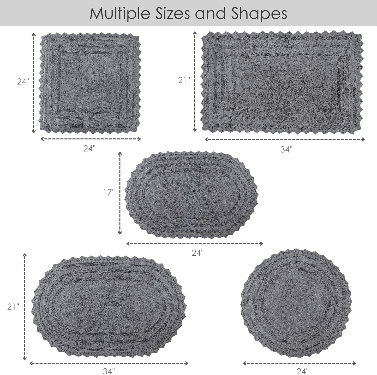 RAJRANG Titanium Grey Oval Cotton Bath Rug 34x21 Inches | Reversible Soft Absorbent Bathroom Mat with Crochet Border | Boho Handwoven Rug for Spa, Kitchen, or Vanity