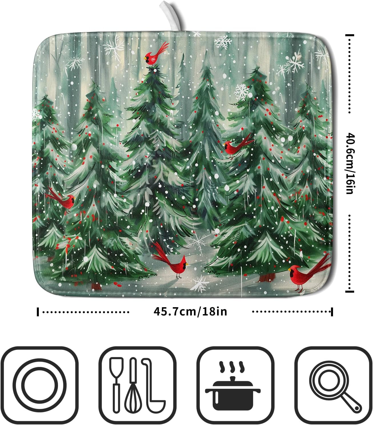 Winter Pine Tree Dish Drying Mat Red Bird Berry Dishes Drainer Mats Absorbent Microfiber Kitchen Counter Protector Drying Mats 16x18 Inch