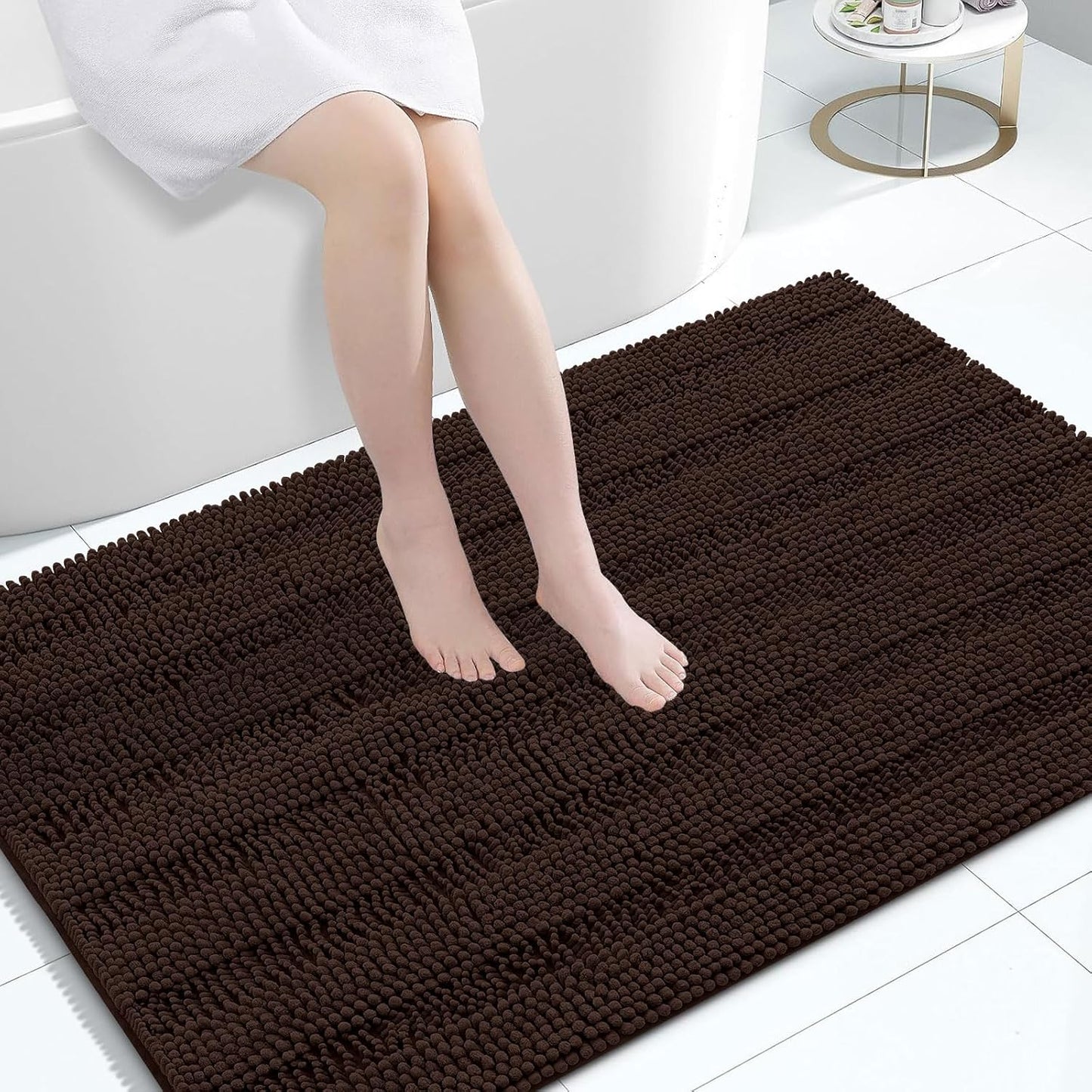 Grandaily Chenille Striped Bathroom Rugs 47x32, Extra Thick and Absorbent Bath Mats, Non-Slip Soft Plush Shaggy Shower Carpet, Machine Wash Dry, Bath Rug for Bathroom, Brown