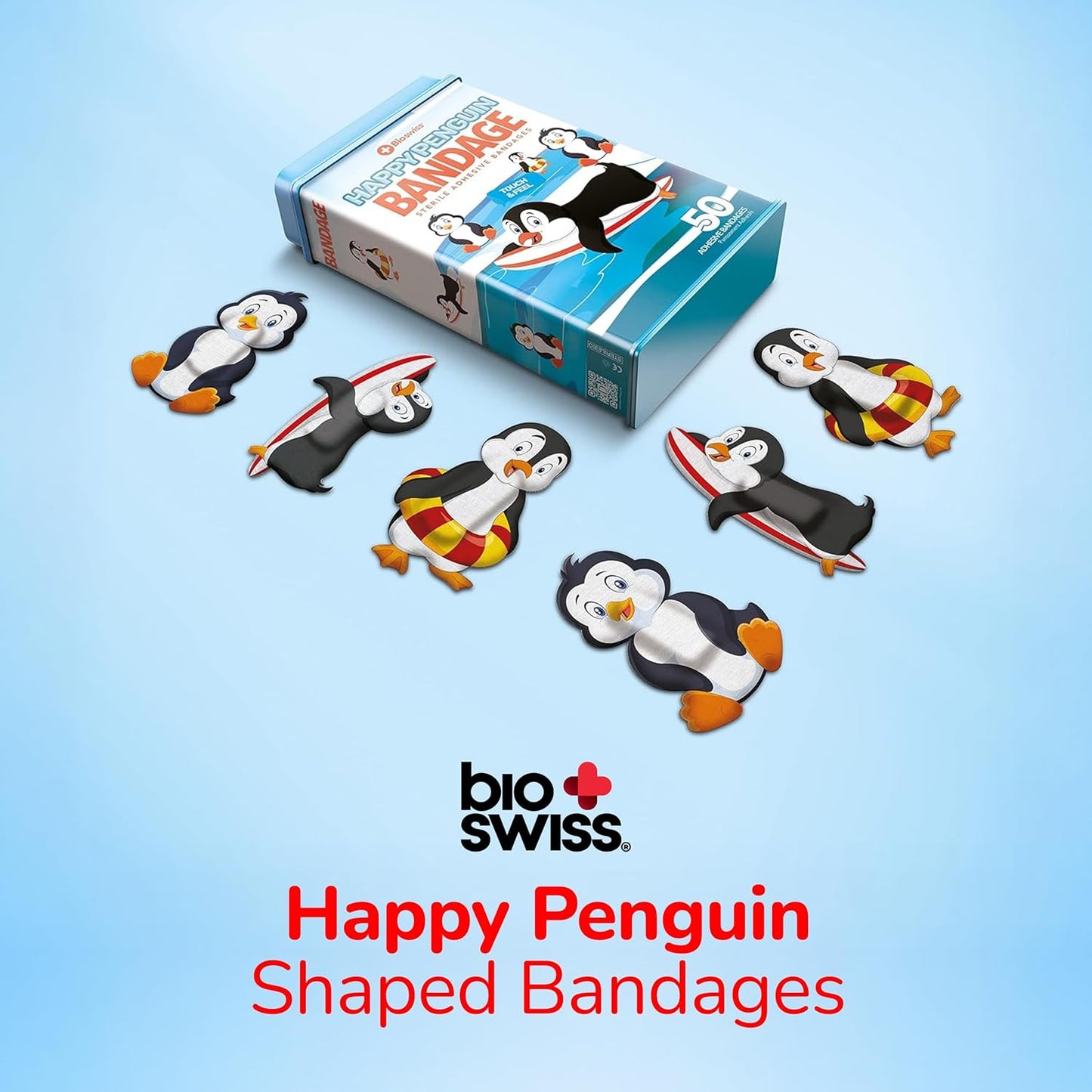 BioSwiss Kids Bandages, Penguin Shaped Self Adhesive Bandage Set, Latex Free, Sterile Wound Care, 50 Count