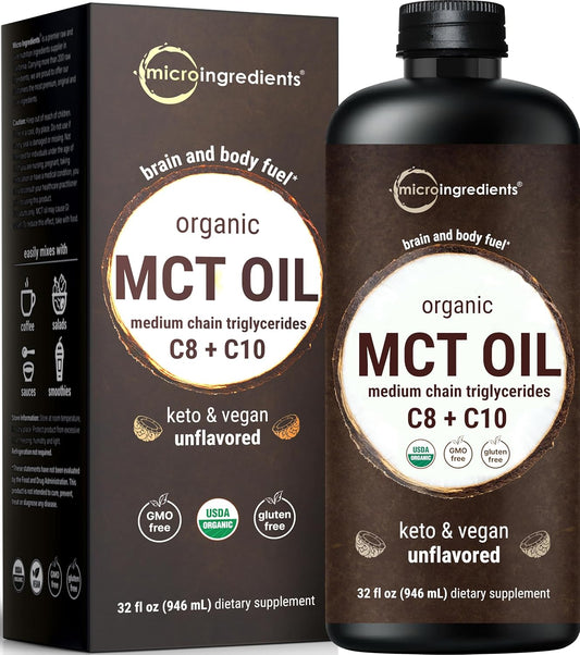 MCT Oil Organic, 32 fl oz |100% Virgin Coconut with C8 + C10 Fatty Acids | Natural Fuel for Brain Energy & Ketone Production | Great for Coffee or Dressings | Unflavored, Keto, Vegan