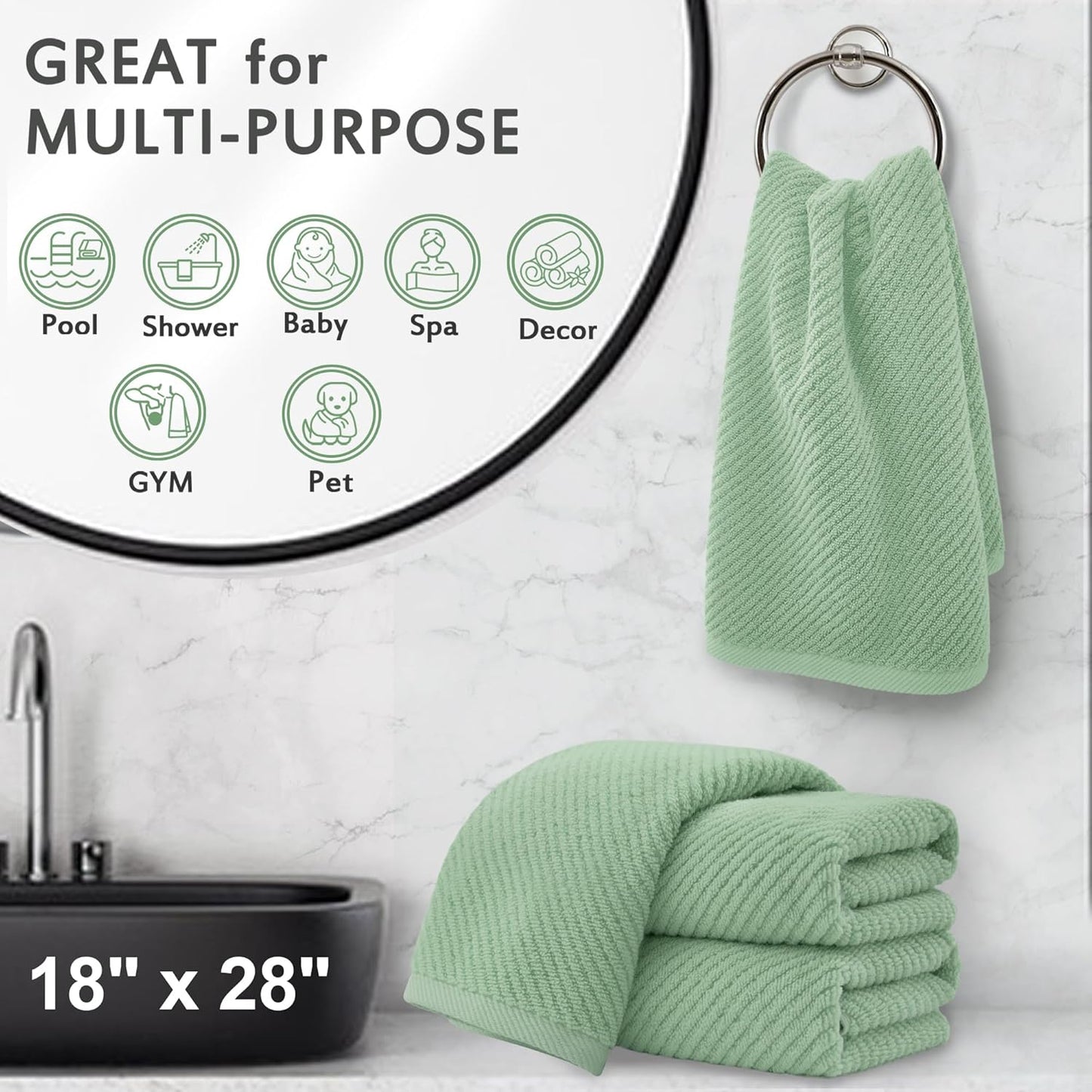 VOOVA & MOVAS Hand Towels for Bathroom Set of 4, Large 18" x 28", 100% Cotton | Lightweight | Thick | Quick Dry | Soft | Absorbent, Sage Green Hand Towels, Bathroom Essentials