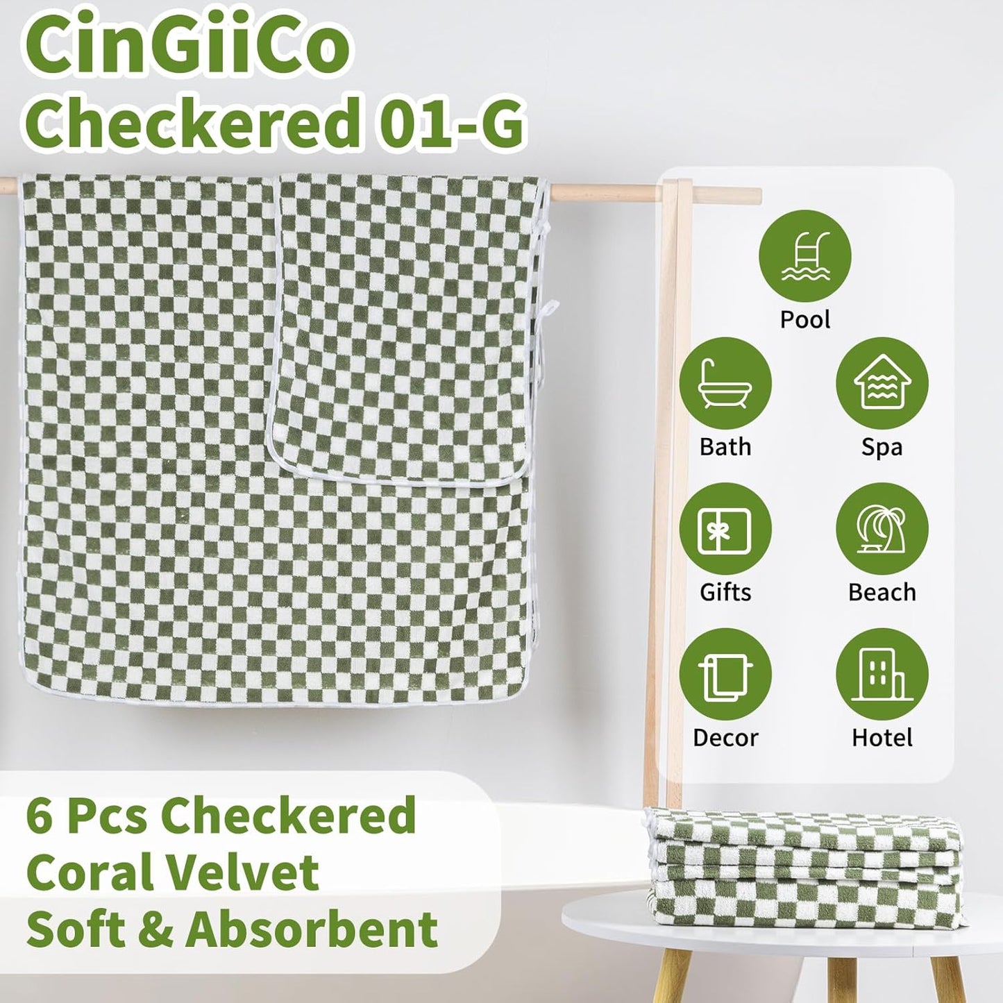 Checkered Bath Towels Set of 6 Large, Microfiber Shower Towels * 2 (55.12"*27.56"), Hand Towels * 4 (29.52"*13.77"),Towels for Bathroom、Pool、Hotel, Spa, Soft Absorbent Quick-Dry（Green）