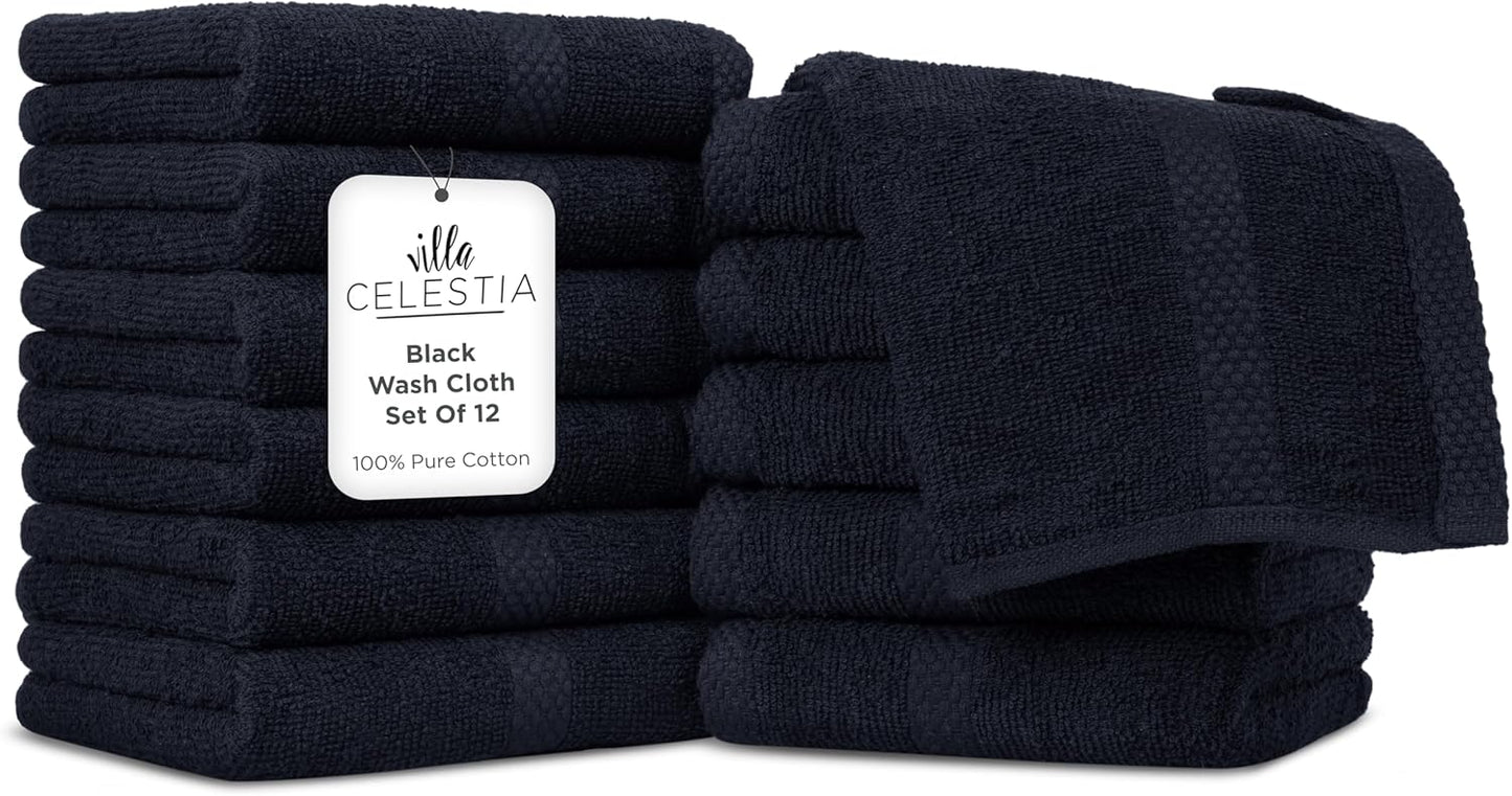 100% Cotton Wash Cloth for face & Body Set of 12, (12 x 12 inches) Sustainable, Soft, Highly Absorbent, Combed Cotton Wash Cloths Pack of 12 for Hotels, Spa, Bathroom, Dorm, Black