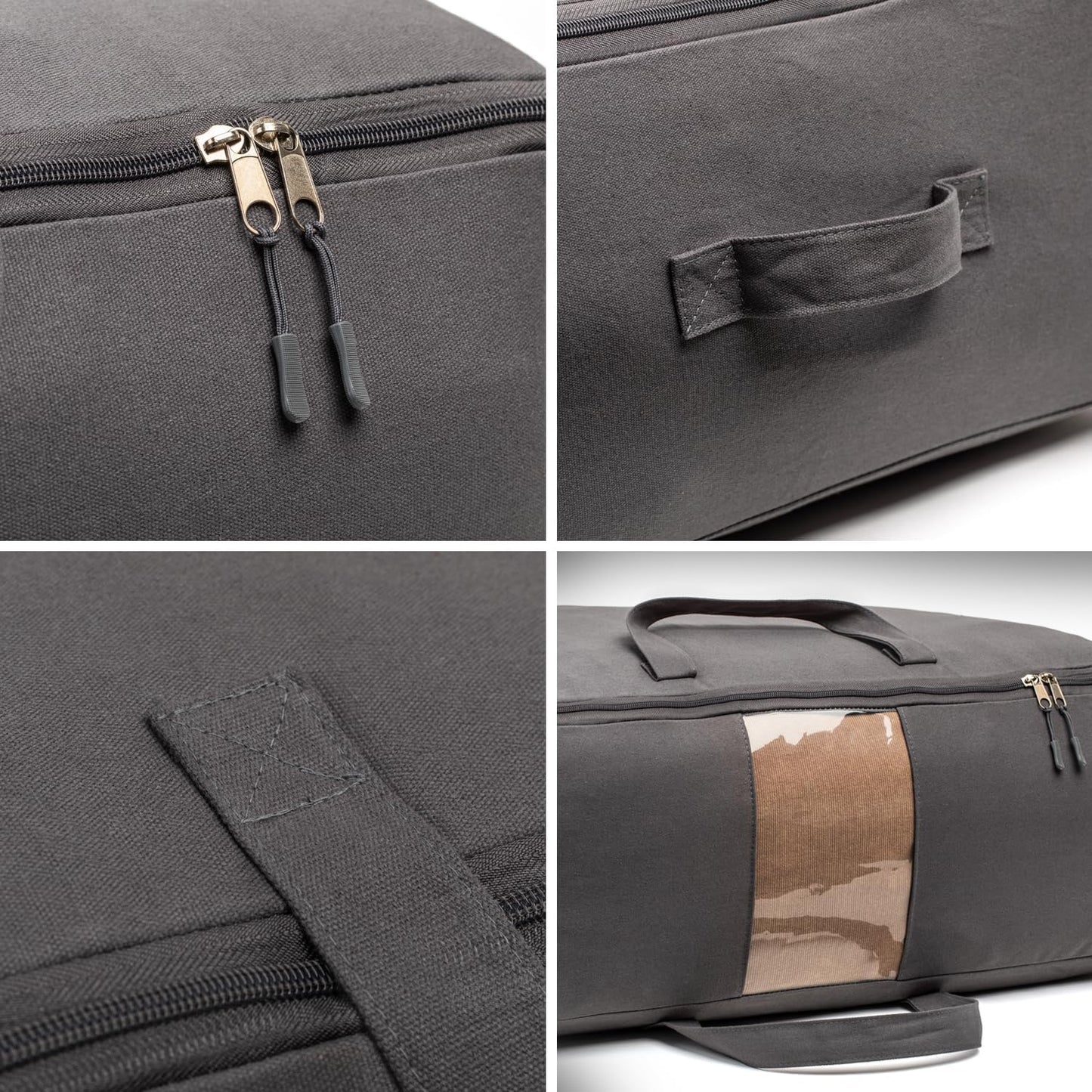 Soft Canvas Storage Bags with Zipper. Thick Breathable, 1pc King/Queen Comforter Organizer. Four Carrying Handles and Window. Large 25x19x9in Bag for Sheets Blankets Bedding Pillows, Clothes (Grey)