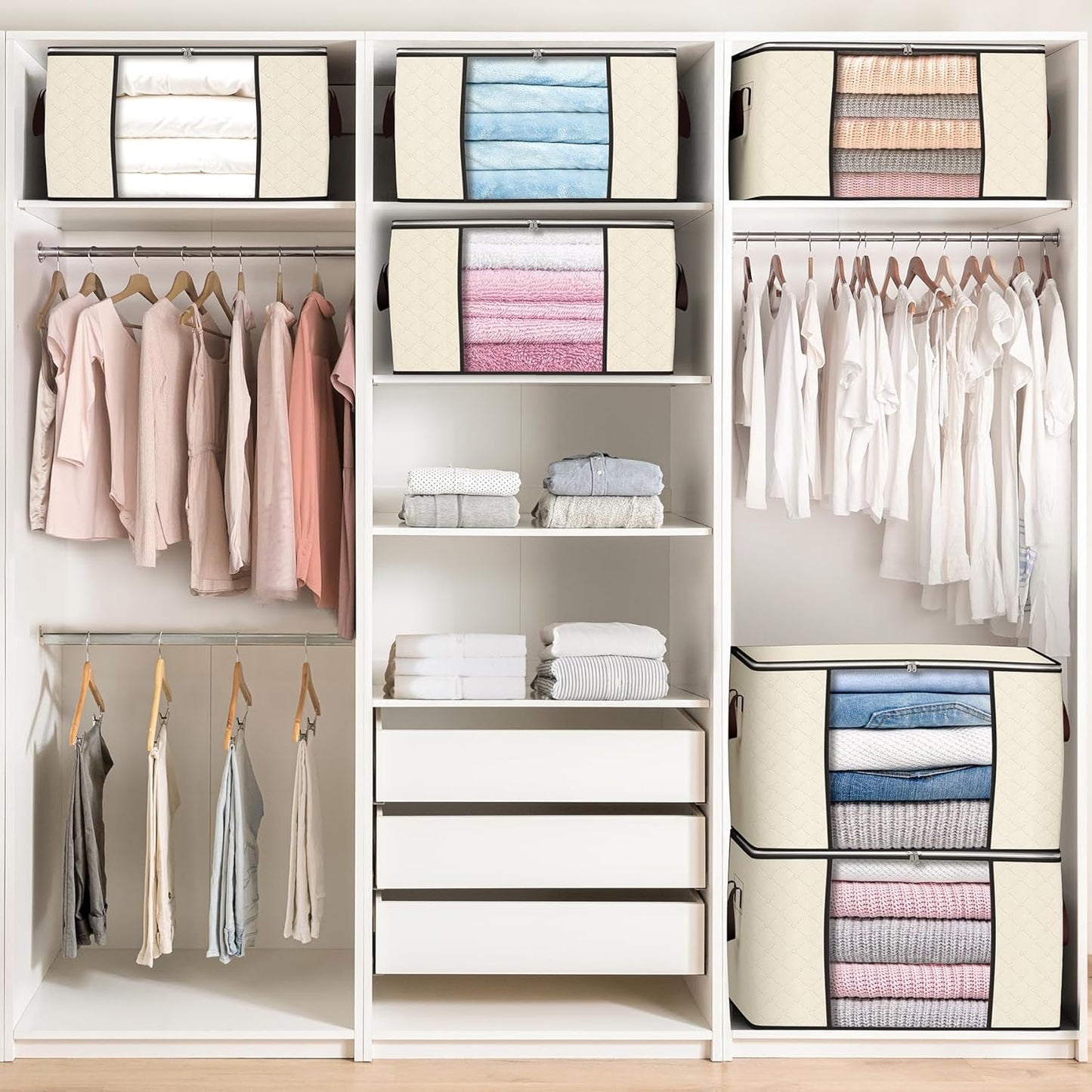 Budding Joy 90 L Large Storage Bags, 10 Pack Clothes Storage Bins Foldable Closet Organizers Storage Containers with Reinforced Handle for Clothing, Blanket, Comforters, Bed Sheets, Pillows (Beige)