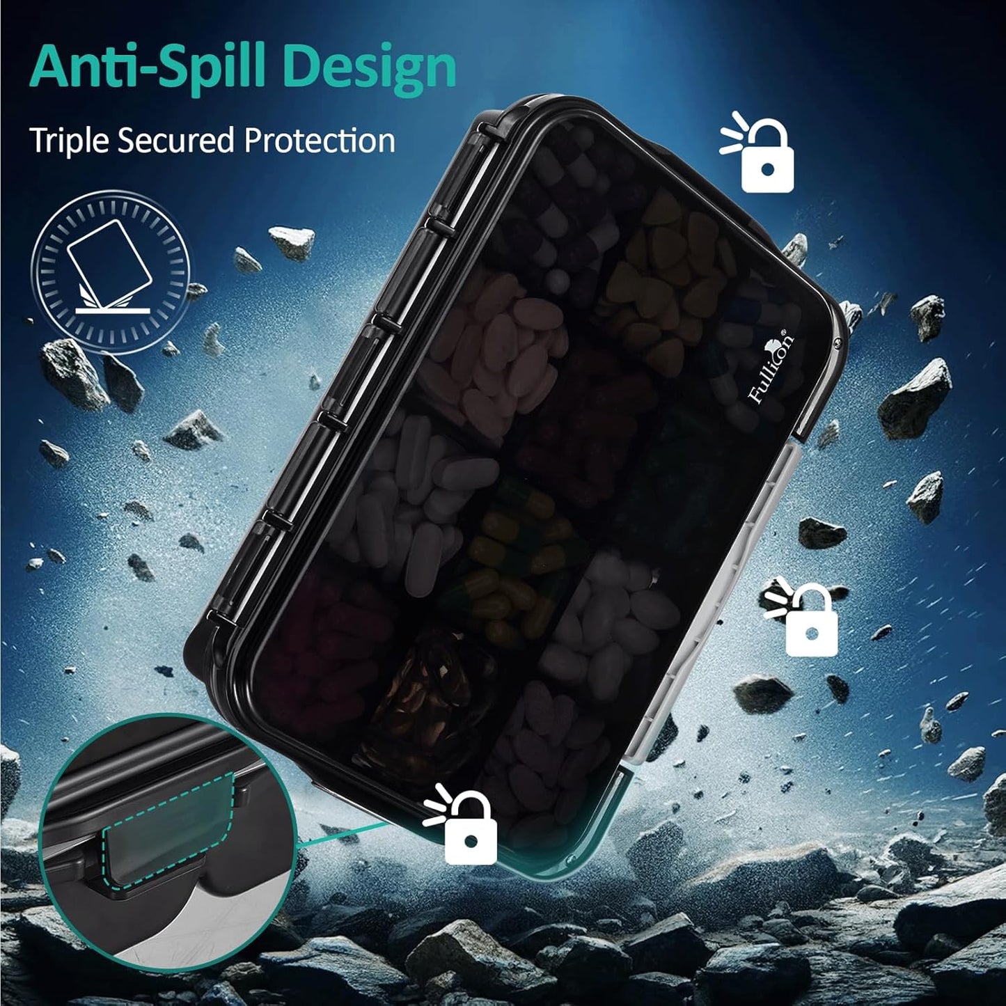 Fullicon Daily Travel Moisture Proof Pill Case with 12 Extra Large Compartment, Pill Organizer with 3 Secured Buckles, Large Supplement Box for Vitamin with Removable Dividers (Black)