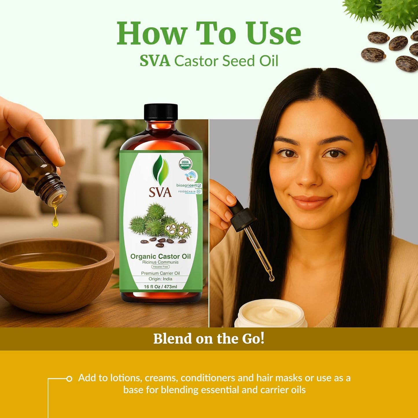 SVA Castor Seed Oil Organic - 16 Fl Oz – 100% Natural Cold Pressed Organic Castor Oil - for Face, Skin Care, Hair Care, Scalp Massage & Body Massage with Pump