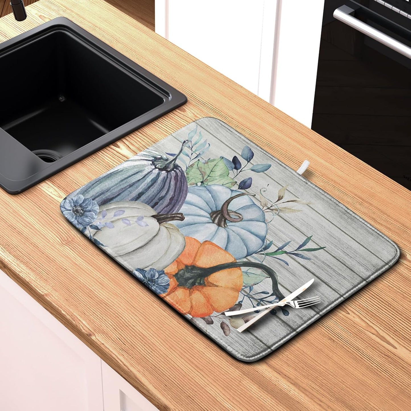 Fall Blue Orange Grey Pumpkin Kitchen Dish Drying Mat for Kitchen Counter 18x24 Inch Autumn Teal Flowers Drying Mat Thanksgiving Harvest Dish Drainer Mat Super Absorbent Dish Rack Pad for Coffee Bar