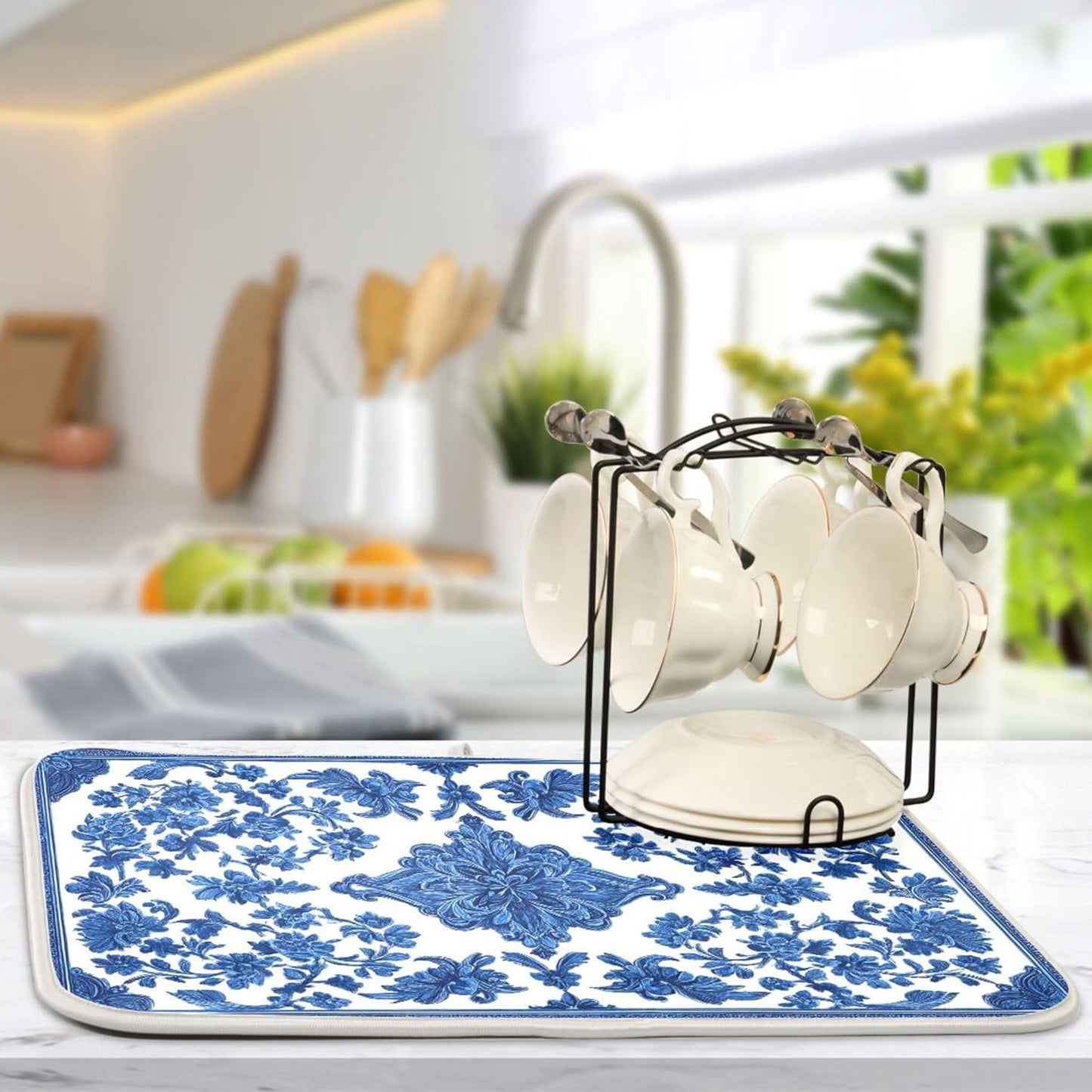 Blue White Porcelain Floral Dish Drying Mat for Kitchen Countertop 16x18 Rectangle Small Drying Mat Reusable Quick Dry Dish Sink Absorbent Mats Dishwasher Easy Clean Decorative Home Decor Essentials