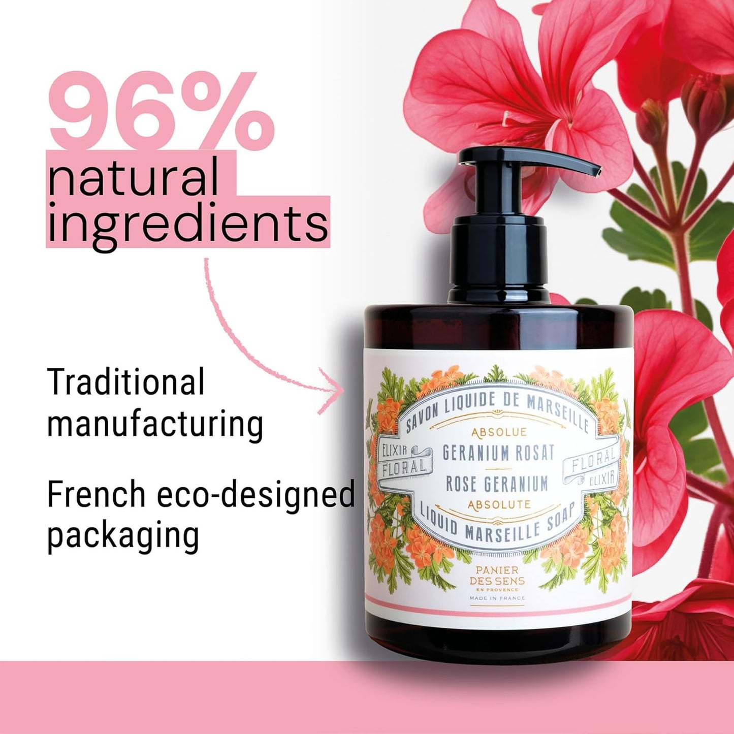 Panier des Sens - Moisturizing Hand Soap - Rose Geranium Fragrance - French Traditional Savon de Marseille Soap - Refillable Kitchen & Bathroom Soap - 16.9 Fl.oz Liquid Hand Wash 96% Natural