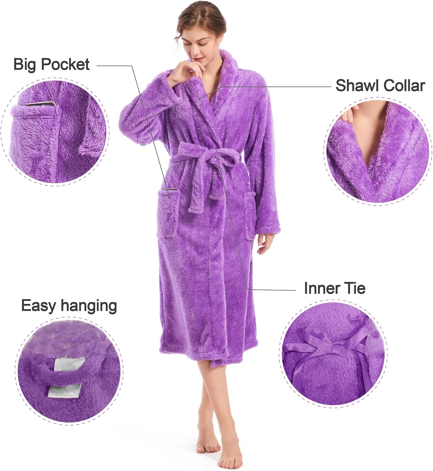 Inner Wish Womens Plush Fleece Robe, Cozy Warm Bathrobe Fuzzy Female Spa Robe With Pockets
