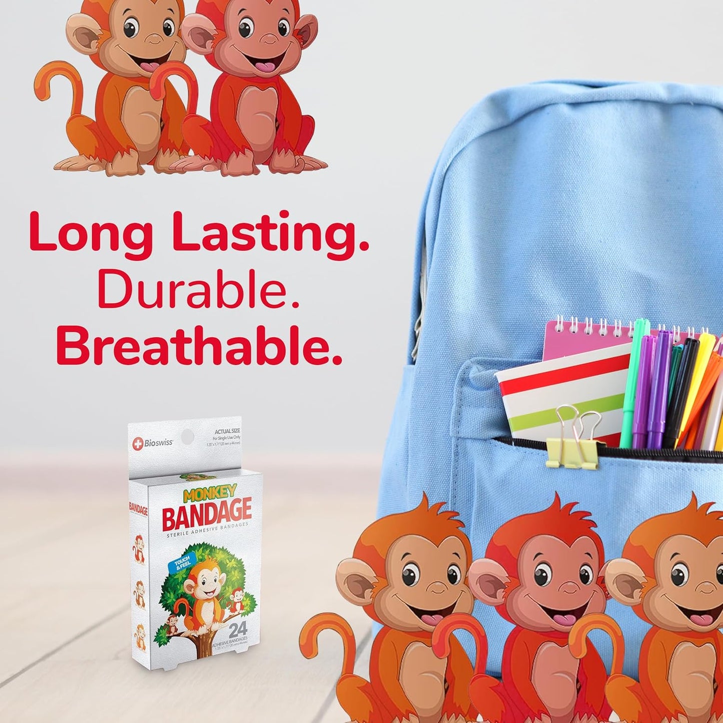 BioSwiss Kids Bandages, Monkey Shaped Self Adhesive Bandage Set, Latex Free, Sterile Wound Care, 24 Count