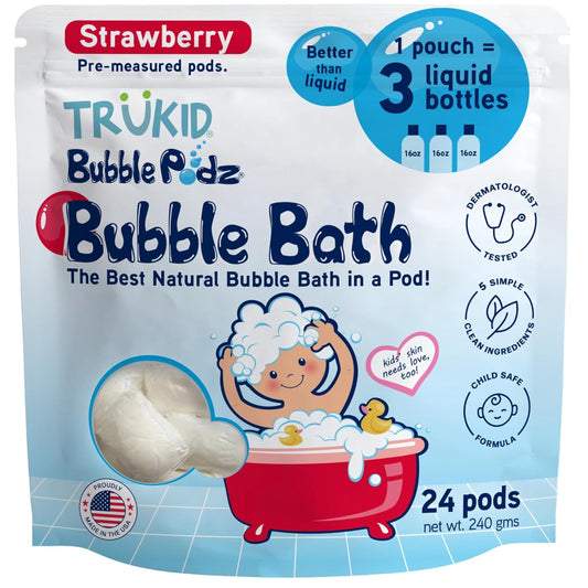 TruKid Bubble Podz Bubble Bath for Kids, Toddlers, & Babies, Tear Free Gentle & Refreshing Bath Bomb for Sensitive Skin with Natural Moisturizers, Non-Toxic, pH Balanced, Strawberry Scent (24 Podz)