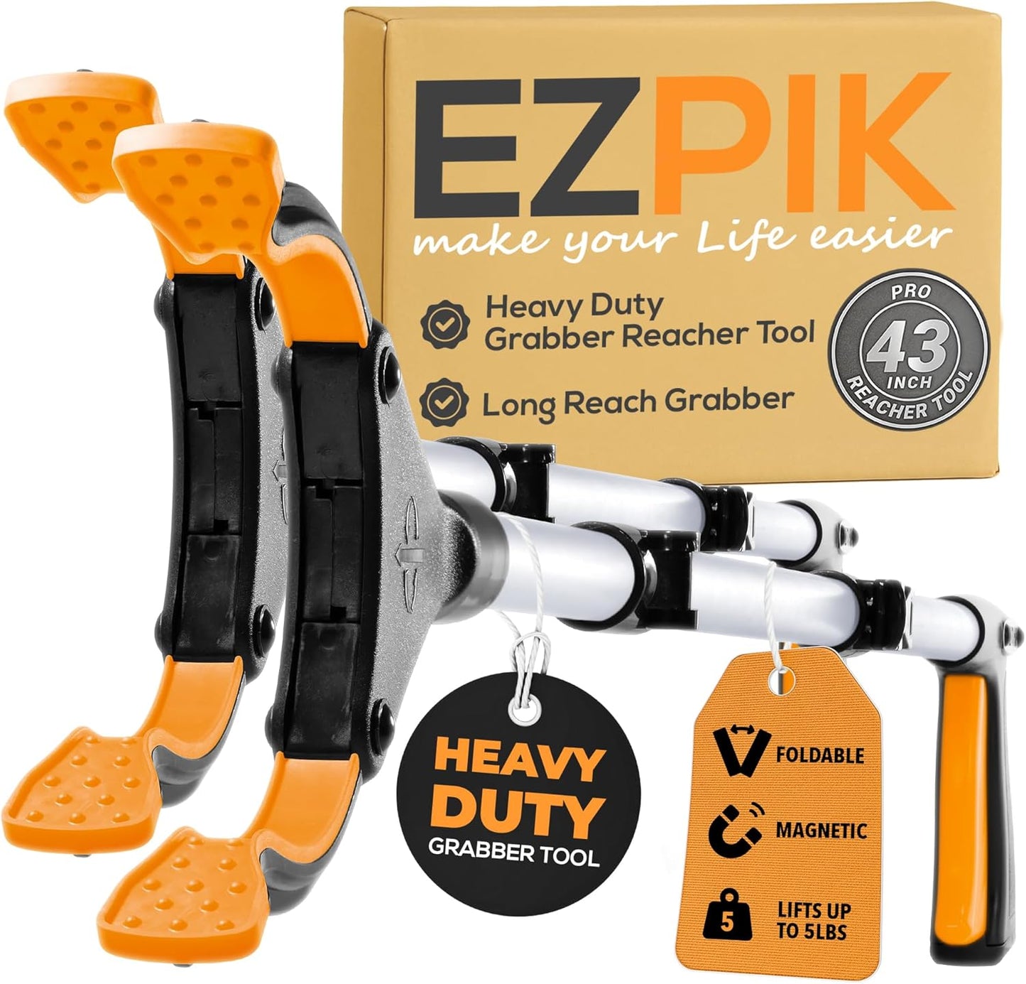 EZPIK Pro 43" Foldable Grabber Reacher Tool for Seniors - Grabbers for Elderly Reaching Tool Heavy Duty Pickup Trash Picker Upper Equipment - Claw Grabber Stick for Reaching Aids, Weed Gripper 2-Pack