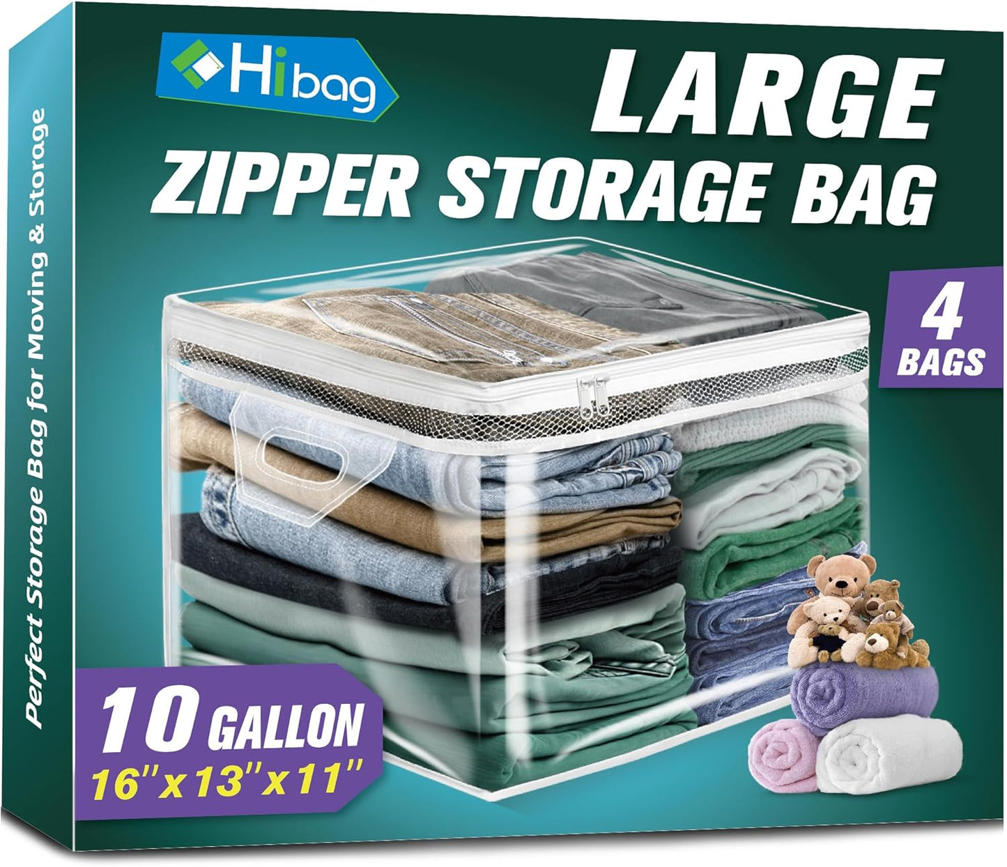 HIBAG 10 Gallon Large Storage Bag for Clothes, Zipper Clothing Storage Bag, Clear Organizer with Reinforced Handles, for Closet and Underbed Storage (4 Pack)