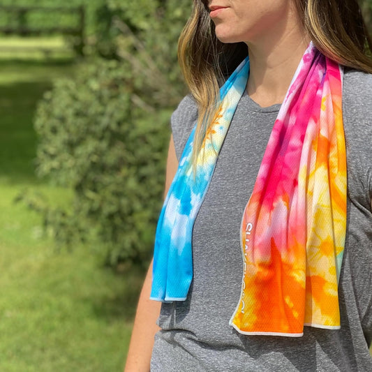 SHAKEitCOOL Extended Size Cooling Towel – Be Cool in Style - Heat Relief, Soft, Lightweight, Sun Protection, Easy Clean - Perfect for Biking, Hiking, Running, Yoga, Golf, Gardening - Tie Dye Ring M