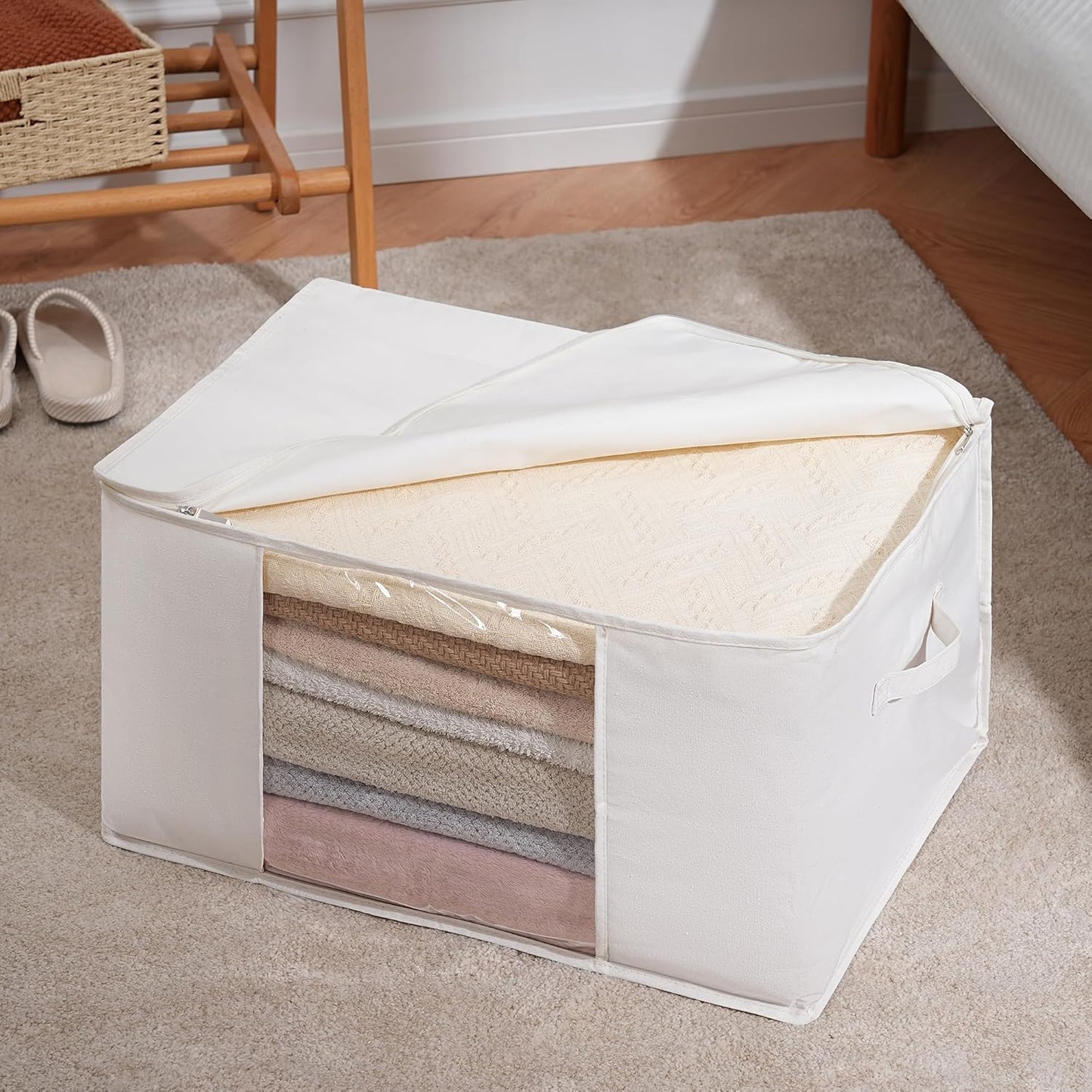 TYEERS Large Storage Bags with Zipper and Clear Window, Cotton Blended Fabric Storage Containers for Seasonal Clothes and Bedding, 23.6x15.7x13.8 Inches, 4-Pack, Beige