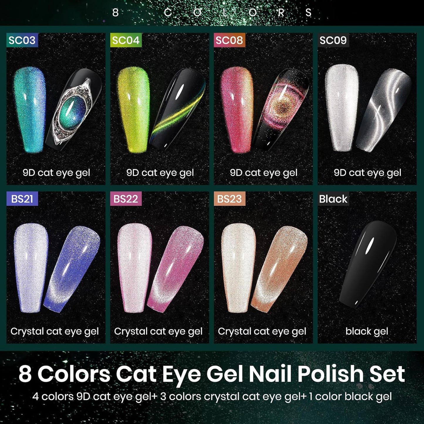MIZHSE Cat Eye Nail Polish Set: 8 Colors with Magnet Stick, Classic Holographic Glitter Galaxy Colors UV Gel Nail Kit for Nail Salon Home DIY