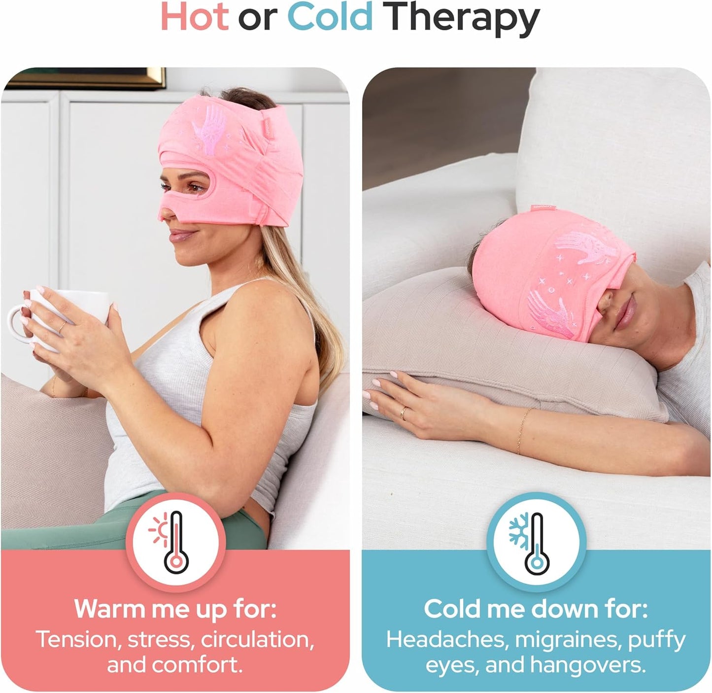 Migraine Relief Cap - Built-in Slide-Up Eye Mask - Natural Headache Relief - 360° Compression Hangover Hat with Cooling Gel for Tension and Stress