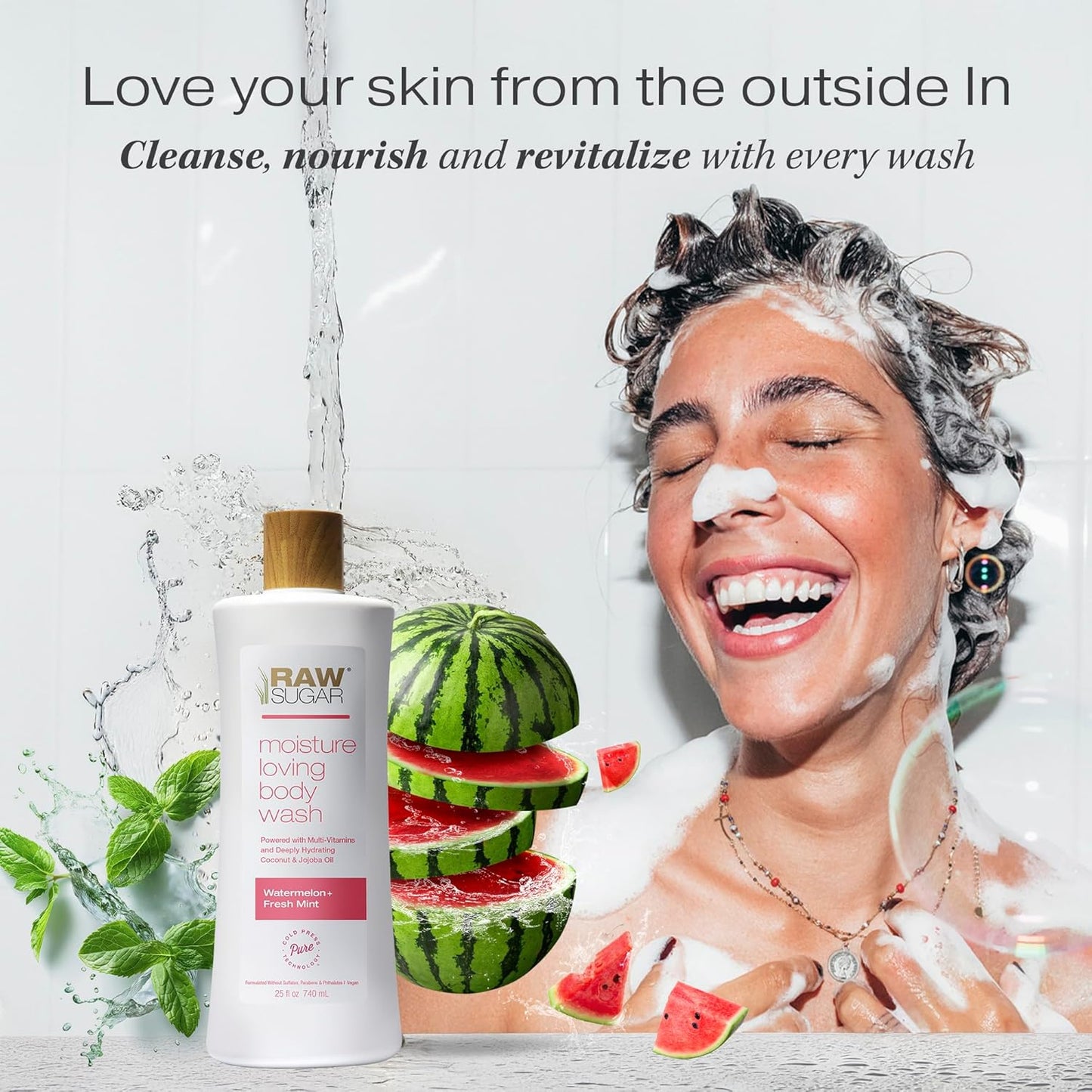 RAW SUGAR Moisture Loving Body Wash - Watermelon + Fresh Mint, Moisturizing & Refreshing Bath & Shower Gel, Sulfate-Free, Paraben-Free & Vegan (Pack of 3)