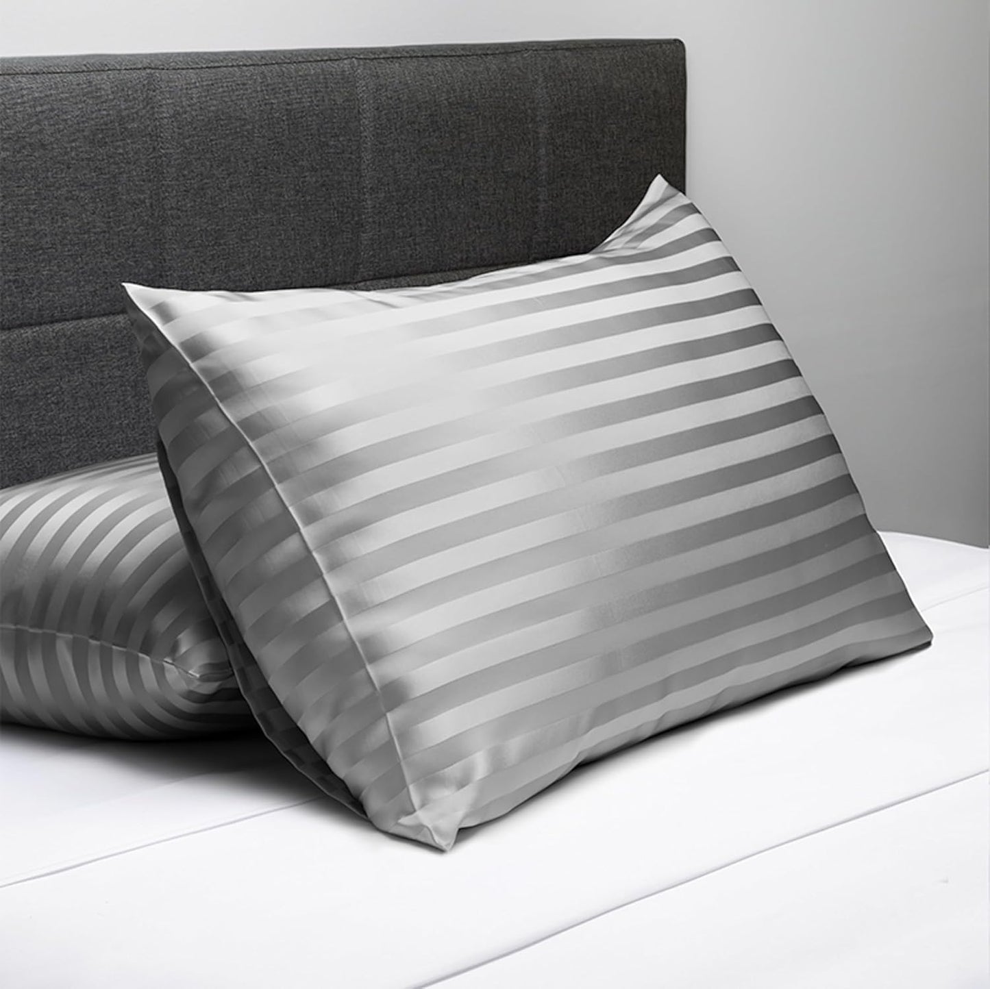Fishers Finery 25mm 100% Pure Mulberry Silk Pillowcase Set (Gray Stripe King 2 Pack)