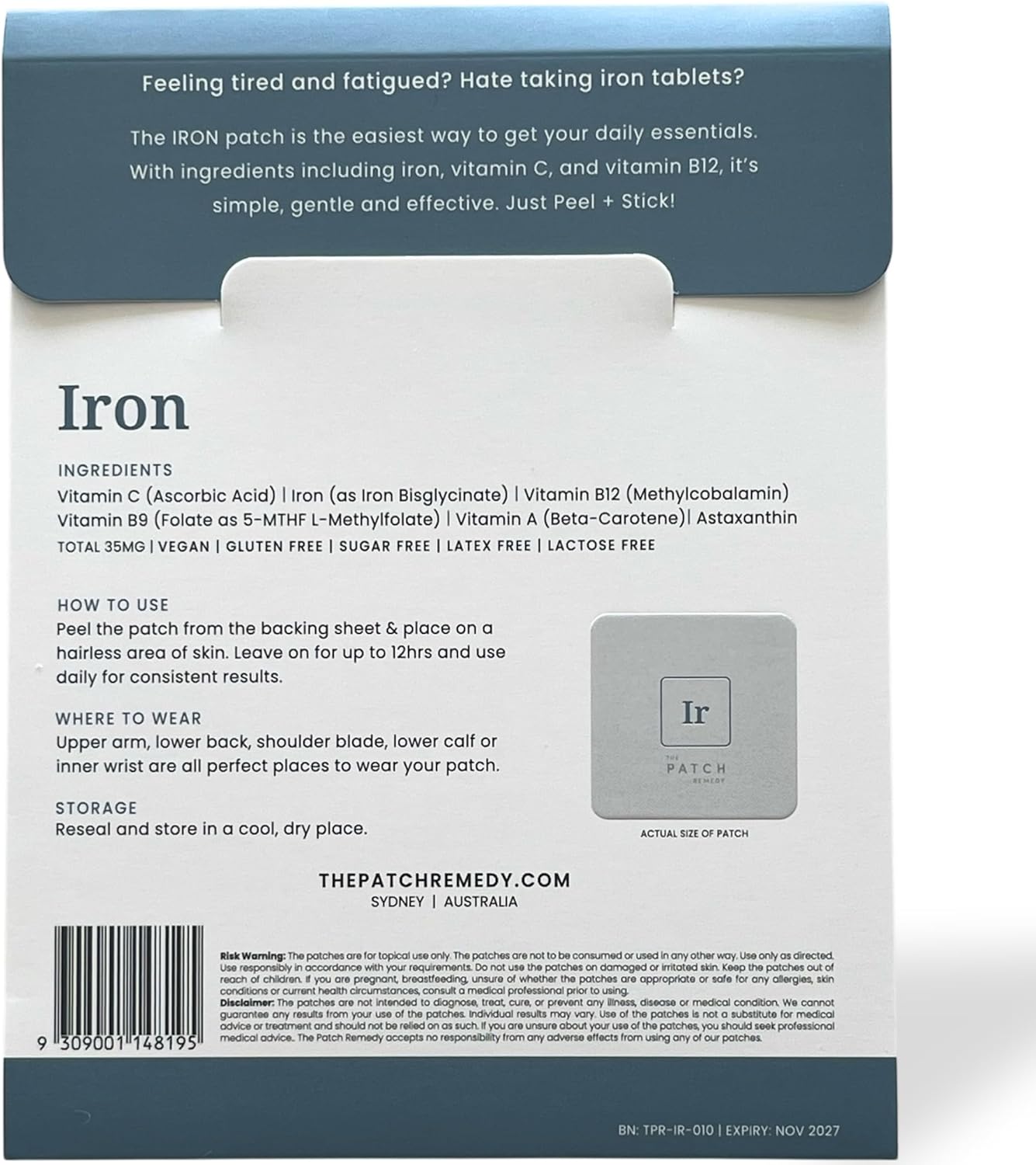 Iron Patch | Iron Bisglycinate, Vitamin C, Vitamin B9 (Methylfolate), Vitamin B12, Beta-Carotene, Astaxanthin | 30 Patches
