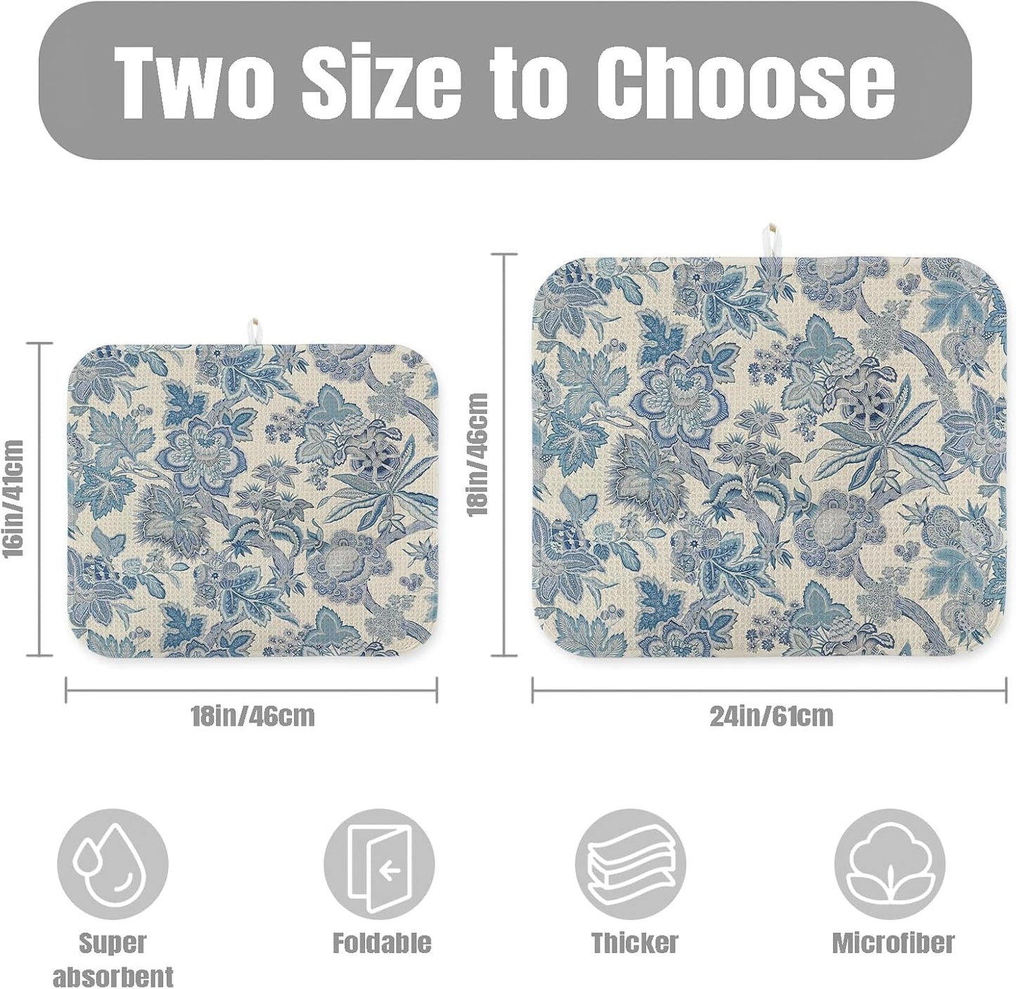 Dish Drying Mat for Kitchen Counter Large 18" x 24" Retro Blue Flower Absorbent Microfiber Dishes Drainer Rack Mats Pad Reusable Washable