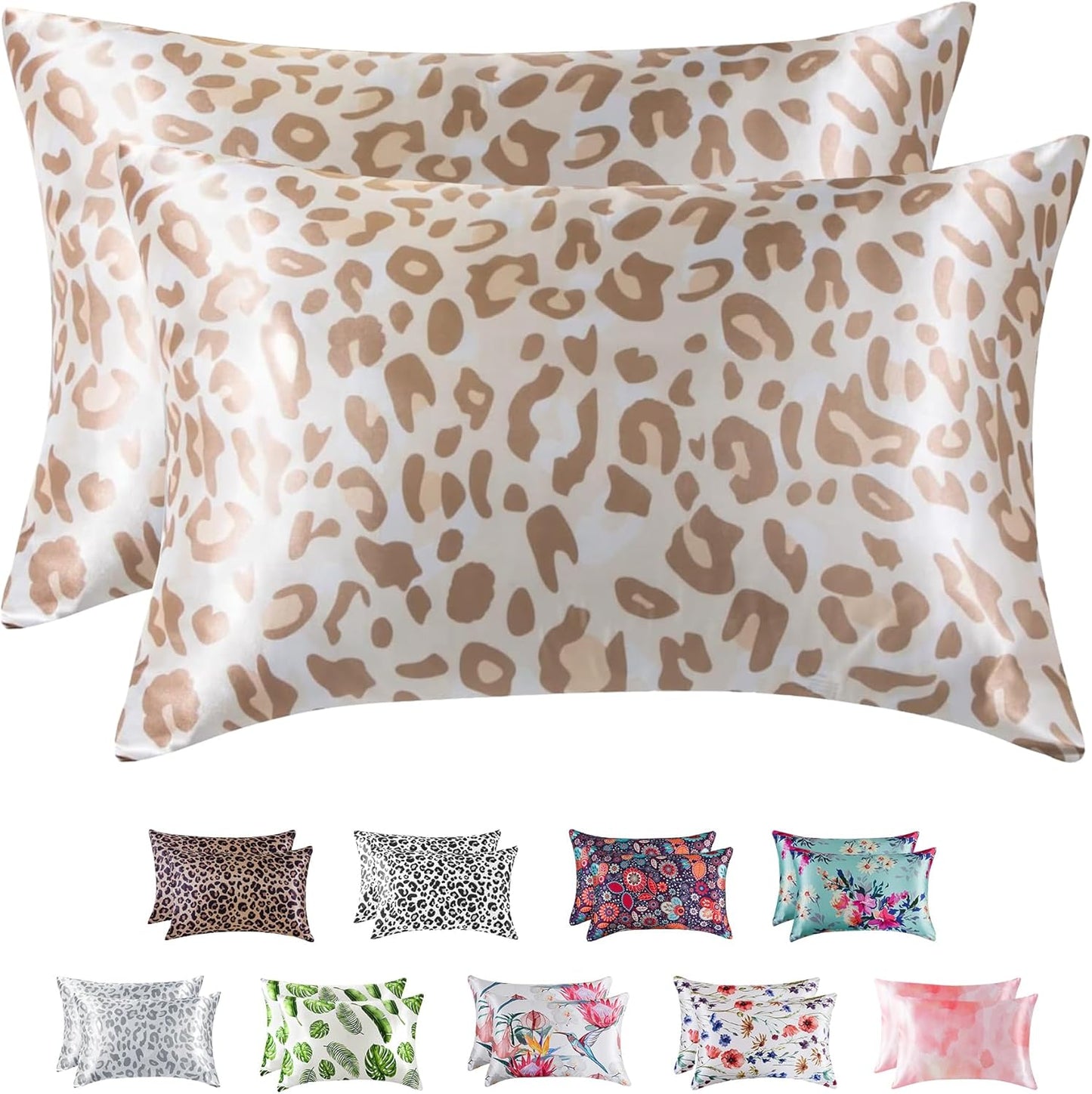 MR&HM Satin Pillowcase for Hair and Skin, Silk Satin Pillowcase 2 Pack, Standard Size Pillow Cases Set of 2, Silky Pillow Cover with Envelope Closure (20x26, Champagne Leopard)