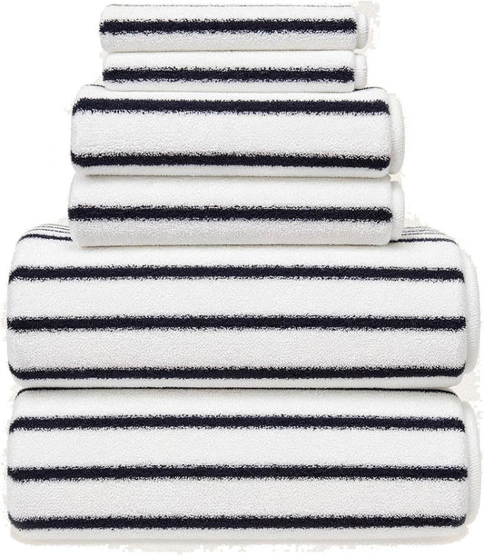 Italic Ultraplush 100% Australian Cotton Standard 6-Piece Set, 2 Bath, 2 Hand, 2 Washcloths, 800GSM Highly Absorbent & Quick-Dry, Resort Grade, Striped (White & Blue)
