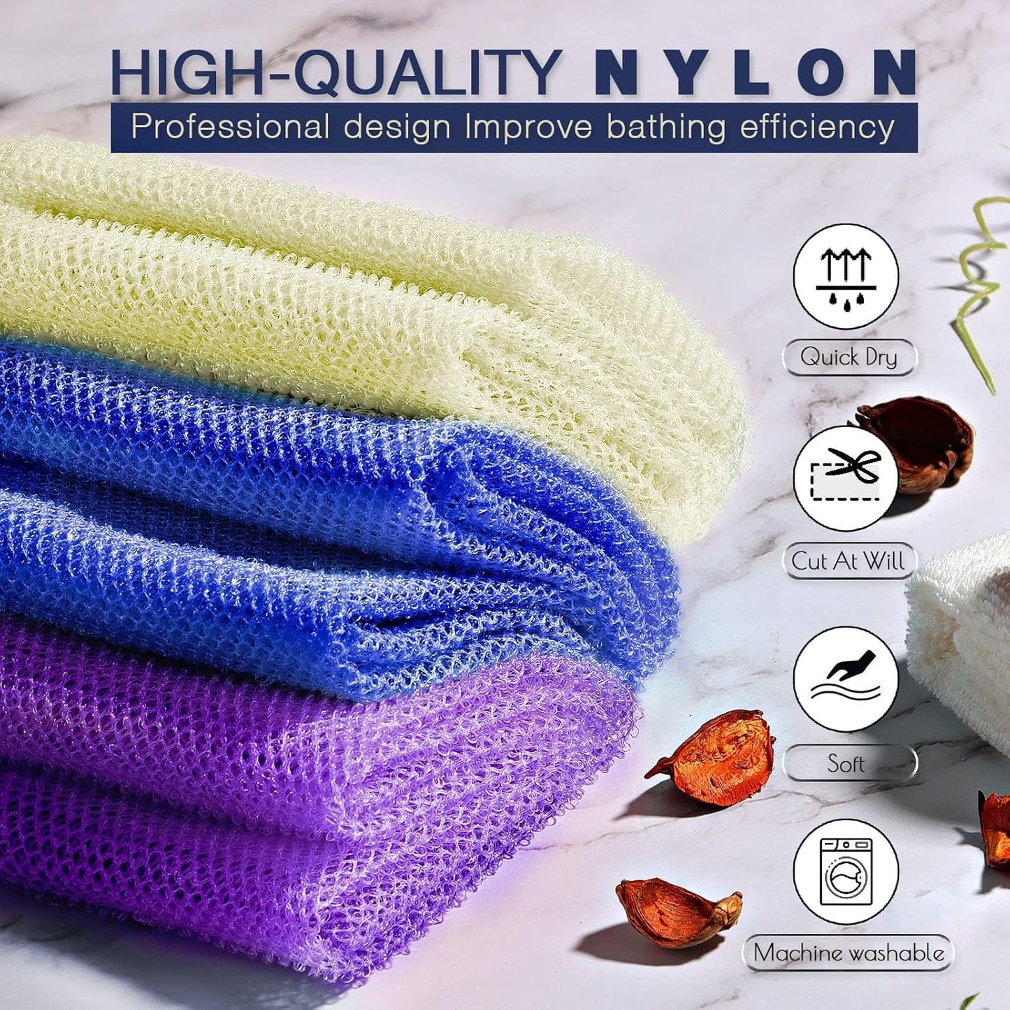 UJFQBH 3 Pieces African Bath Sponge African Net Long Net Bath Sponge Exfoliating Shower Body Scrubber Back Scrubber Skin Smoother,Great for Daily Use (Purple,Blue,Off-White)