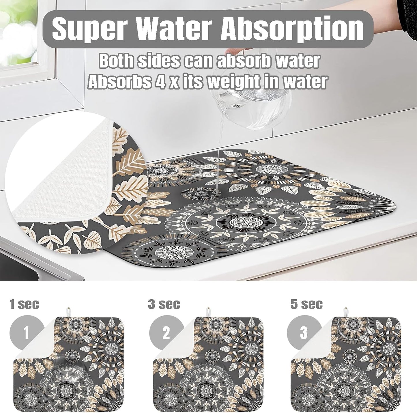 Dish Drying Mat for Kitchen Counter Large 16" x 18" Mandala Absorbent Microfiber Dishes Drainer Rack Mats Pad Reusable Washable