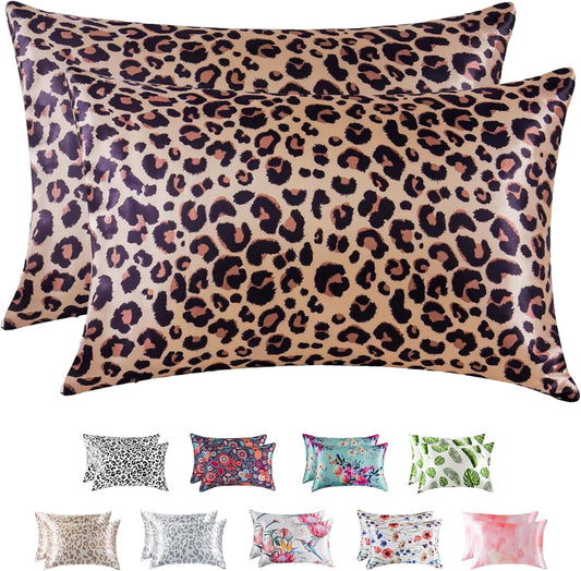 MR&HM Satin Pillowcase for Hair and Skin, Silk Satin Pillowcase 2 Pack, King Size Pillow Cases Set of 2, Silky Pillow Cover with Envelope Closure (20x40, Brown Leopard)