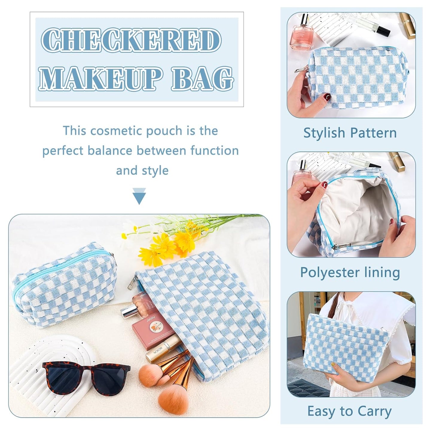 ZLFSRQ 2Pcs Checkered Makeup Bag for Women Large Small Checkered Cosmetic Bag Set Aesthetic Preppy Pencil Case Cute Pencil Pouch Blue Makeup Pouch for Purse Travel Toiletry Bags Zipper Skincare Bags