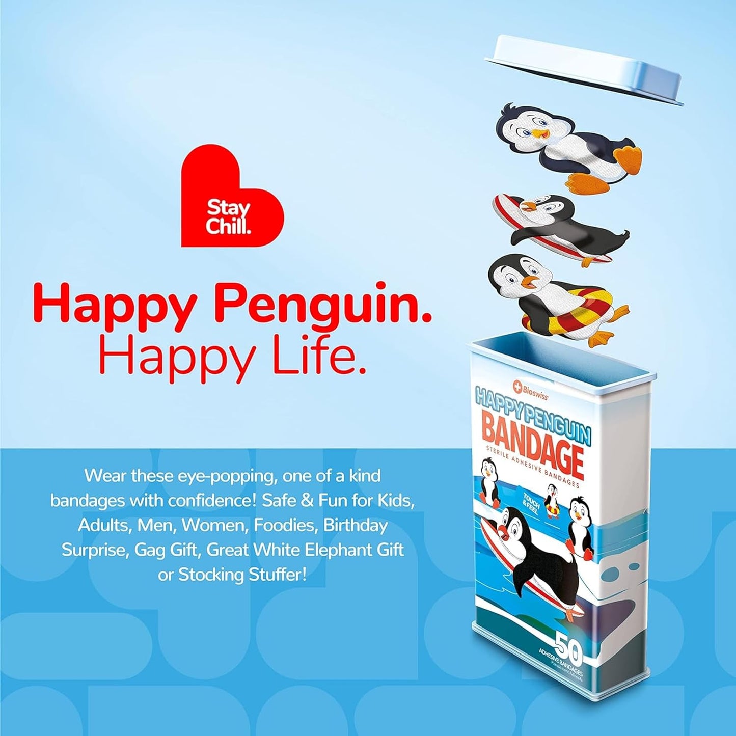 BioSwiss Kids Bandages, Penguin Shaped Self Adhesive Bandage Set, Latex Free, Sterile Wound Care, 50 Count