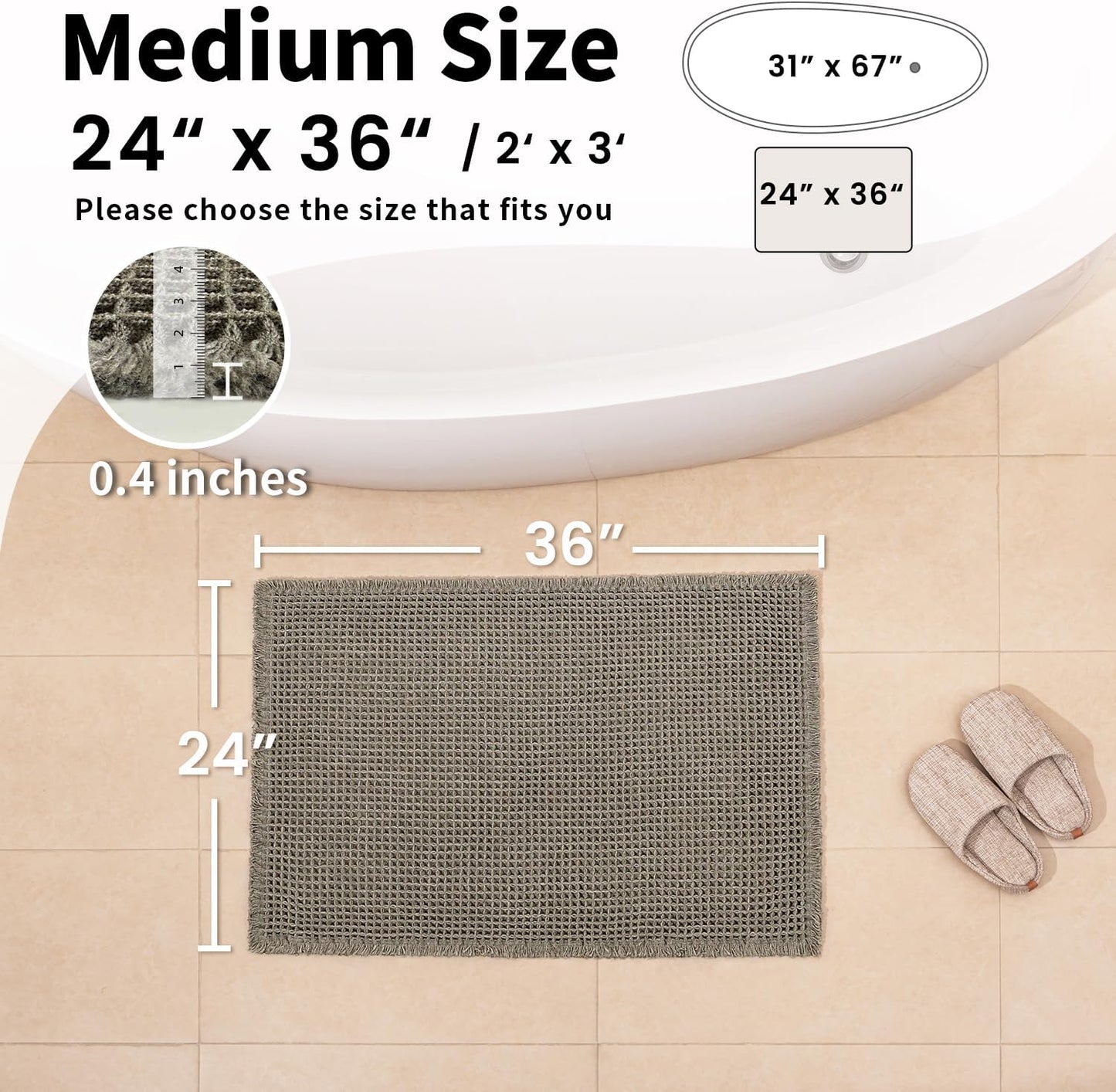 Waffle Bath Mat - Boho Bathroom Rugs Non Slip Washable, Super Absorbent & Quick Dry, Soft Bath Mat Farmhouse Bathroom Decor, 24'' x 36'', Olive Green
