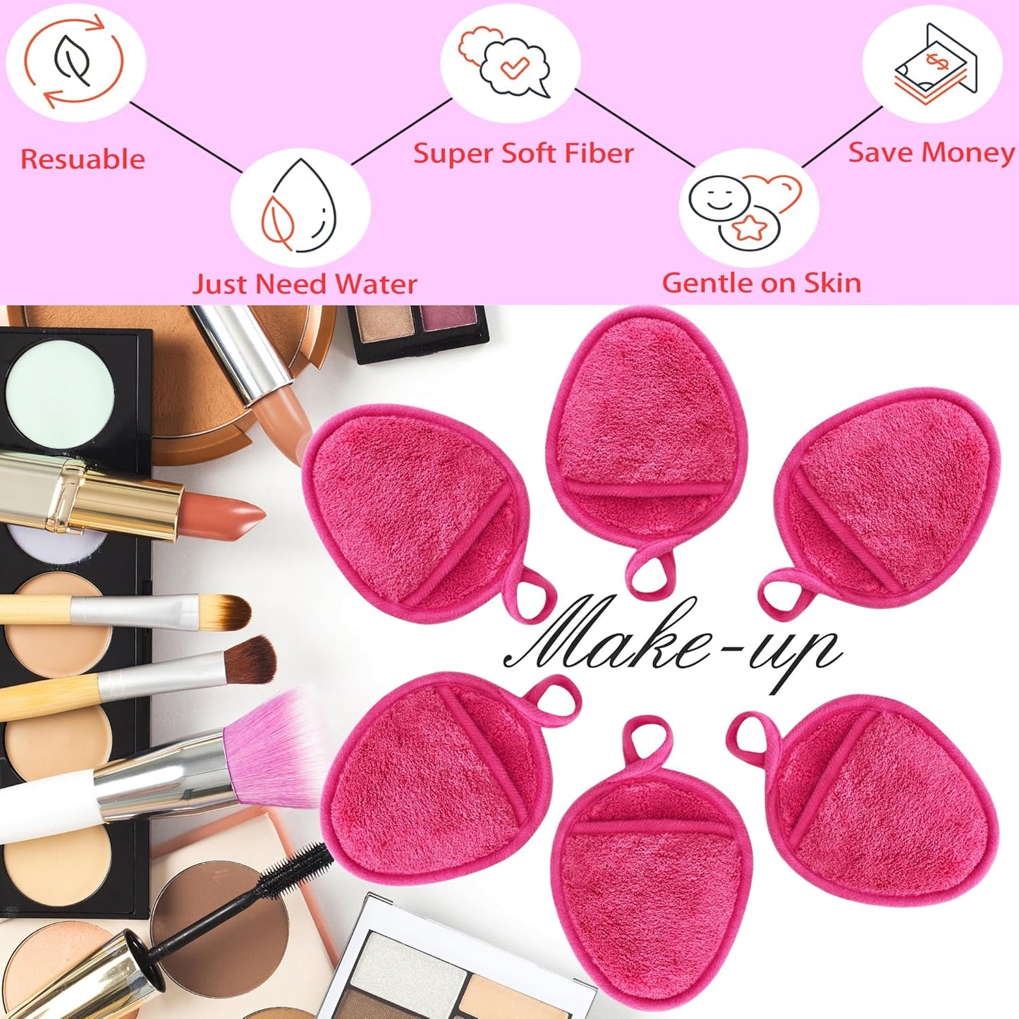 Reusable Makeup Remover Pads Soft Makeup Remover Cloths Washable Facial Makeup Cleansing Pads for Face,Lip,Eyes Pink 12PCS