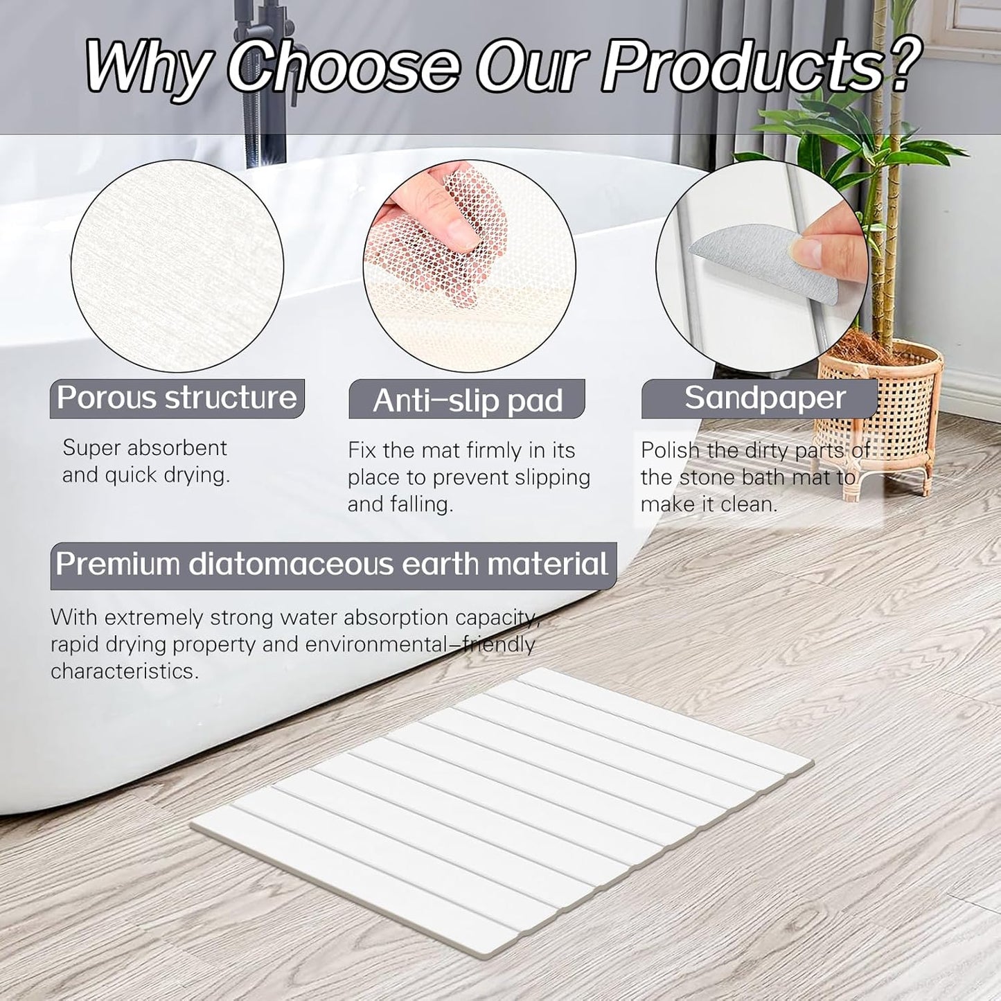 2 Pack Foldable Stone Bath Mats, White Super Absorbent Diatomaceous Earth Bath Rug, Non-Slip Shower Mat, Quick-Drying Bath Rug and Drying Mat for Tub and Shower