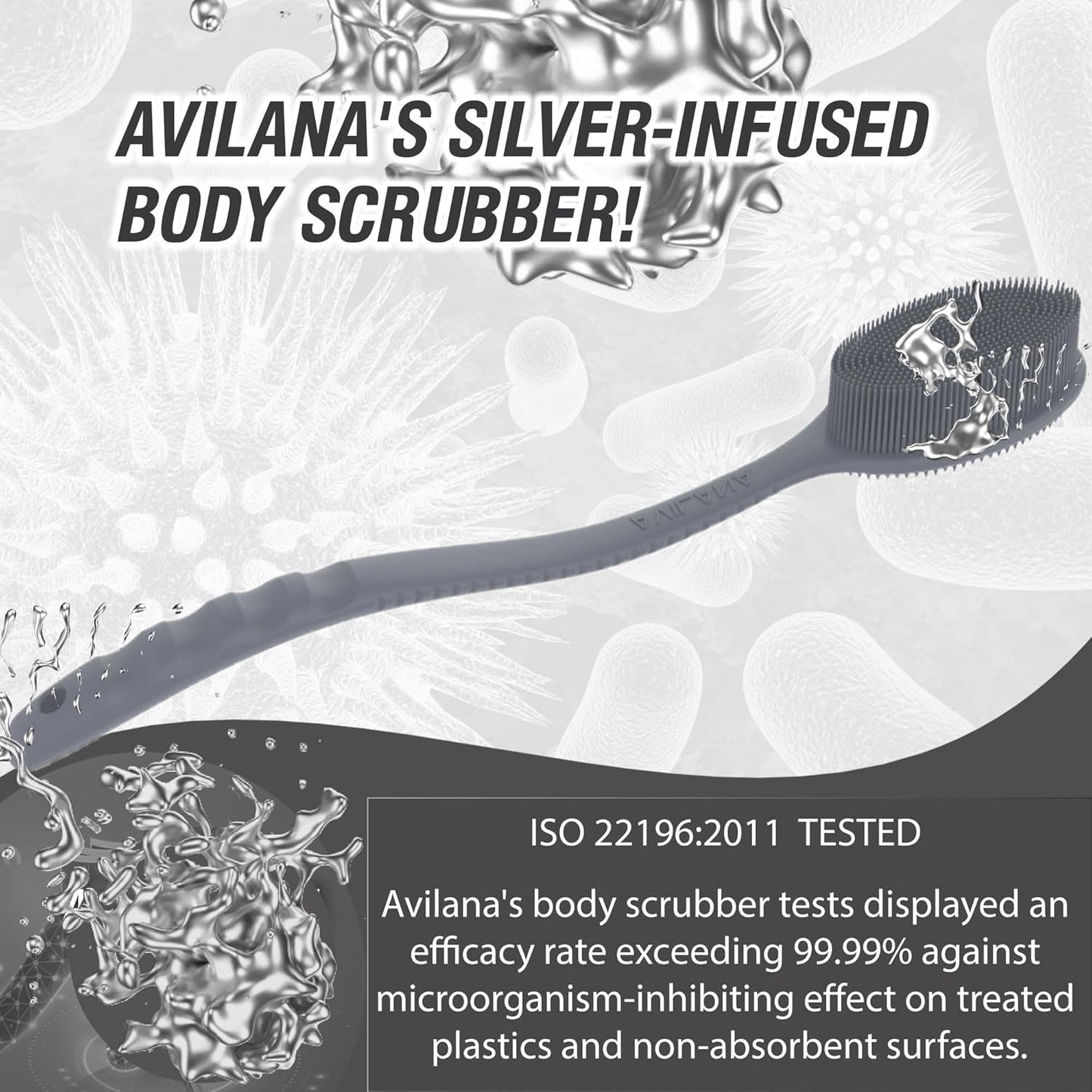 Avilana Silicone Body Scrubber - Food Grade & Lab Tested, Gentle Exfoliating Shower Brush for All Skin Types, Hygienic Quick-Dry Loofah Alternative (Dark Gray, Long Handle-Silver)