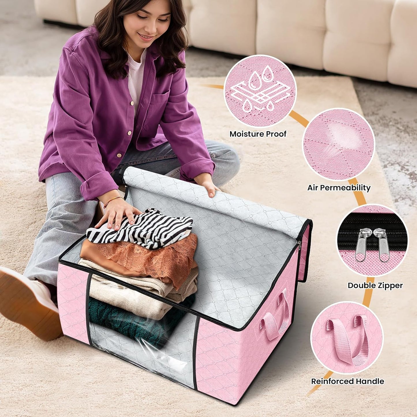 Fab totes 4 Pack Clothes Storage, Foldable Thick Fabric Blanket Storage Bags, Containers for Organizing Bedroom, Closet, Clothing, Comforter, Organization with Handle,Pink