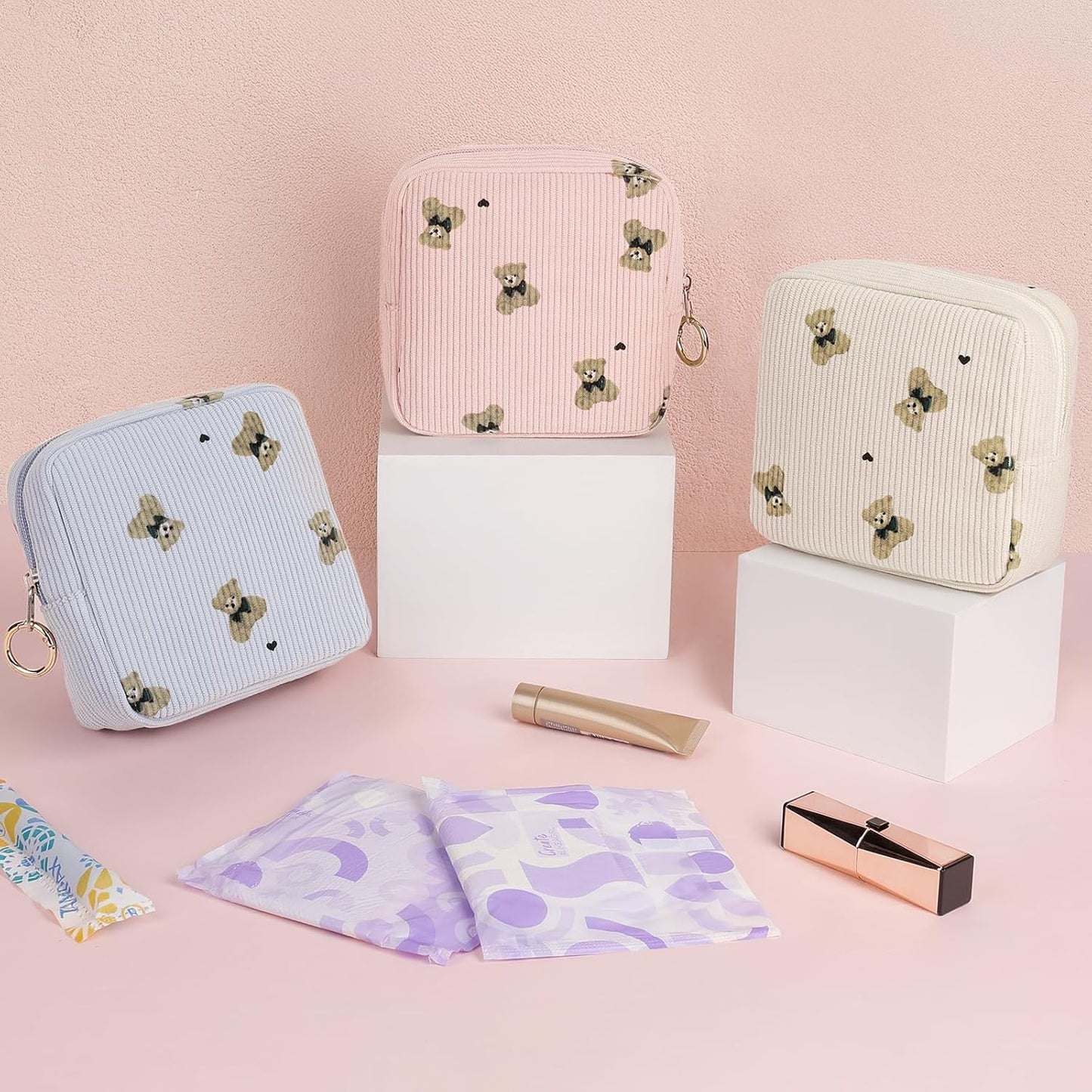 Cute Period Bag for Teen Girls, Bears Corduroy Sanitary Napkin Storage Bag, Menstrual Pad Pouch Tampon Holder for Purse (Blue)