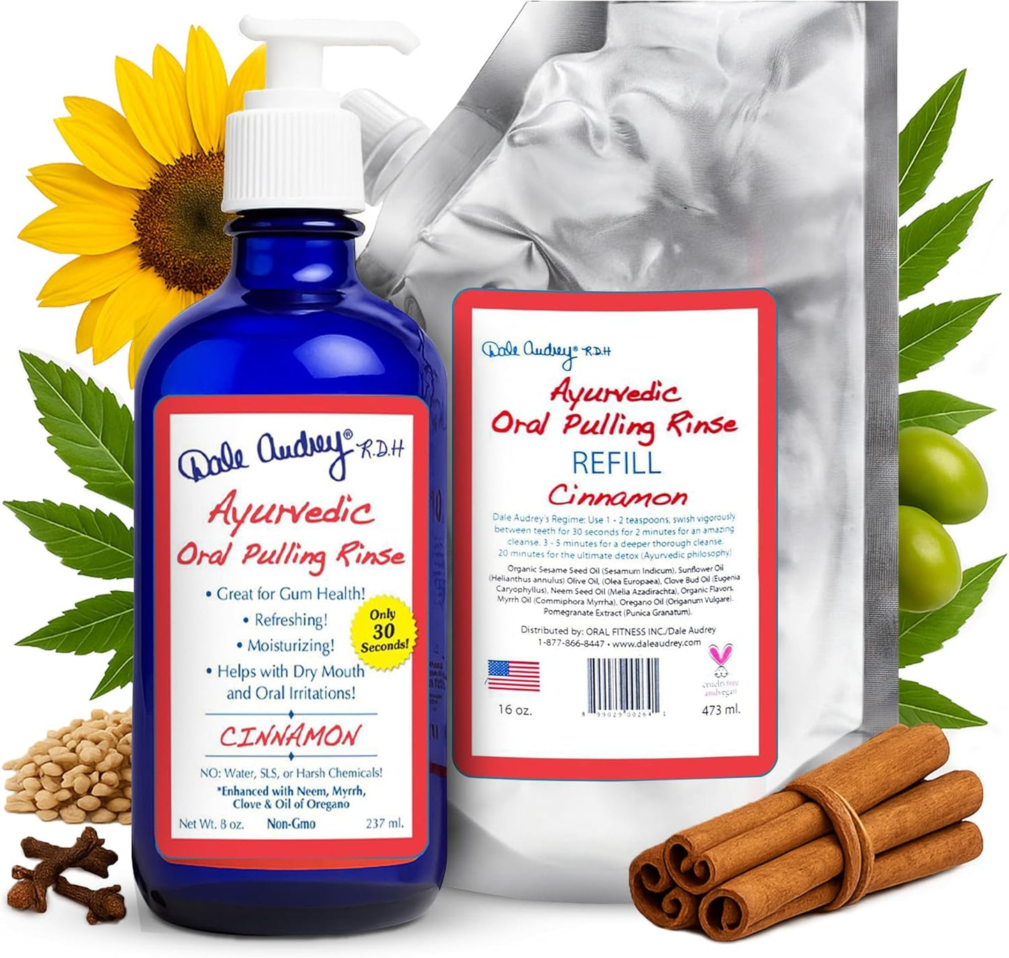 Natural Oil Pulling for Teeth and Gums | Cinnamon Flavored Oral Rinse Mouthwash for Bad Breath | Organic Essential Oil for Teeth Whitening & Gum Health, Cobalt Glass Bottle with Refill Pouch-16 FL Oz