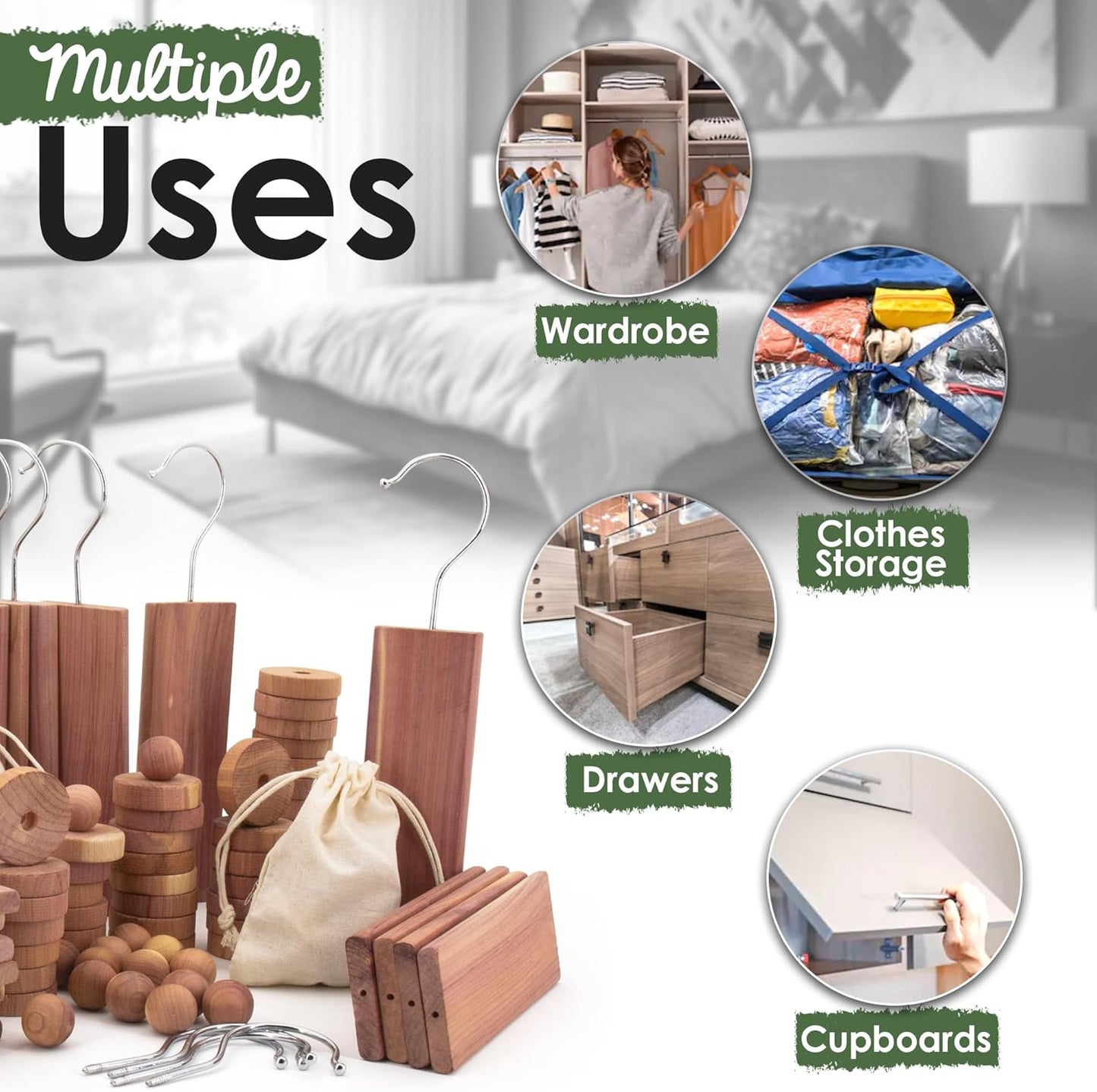 ecoKiwi Cedar Blocks for Clothes Storage Mega Bundle Box - Cedar Hangers x20, Balls x75 & Rings x55-100% Natural Oil Planks & Chips for Closets & Drawers - Aromatic Red Cedar Wood with Sandpaper