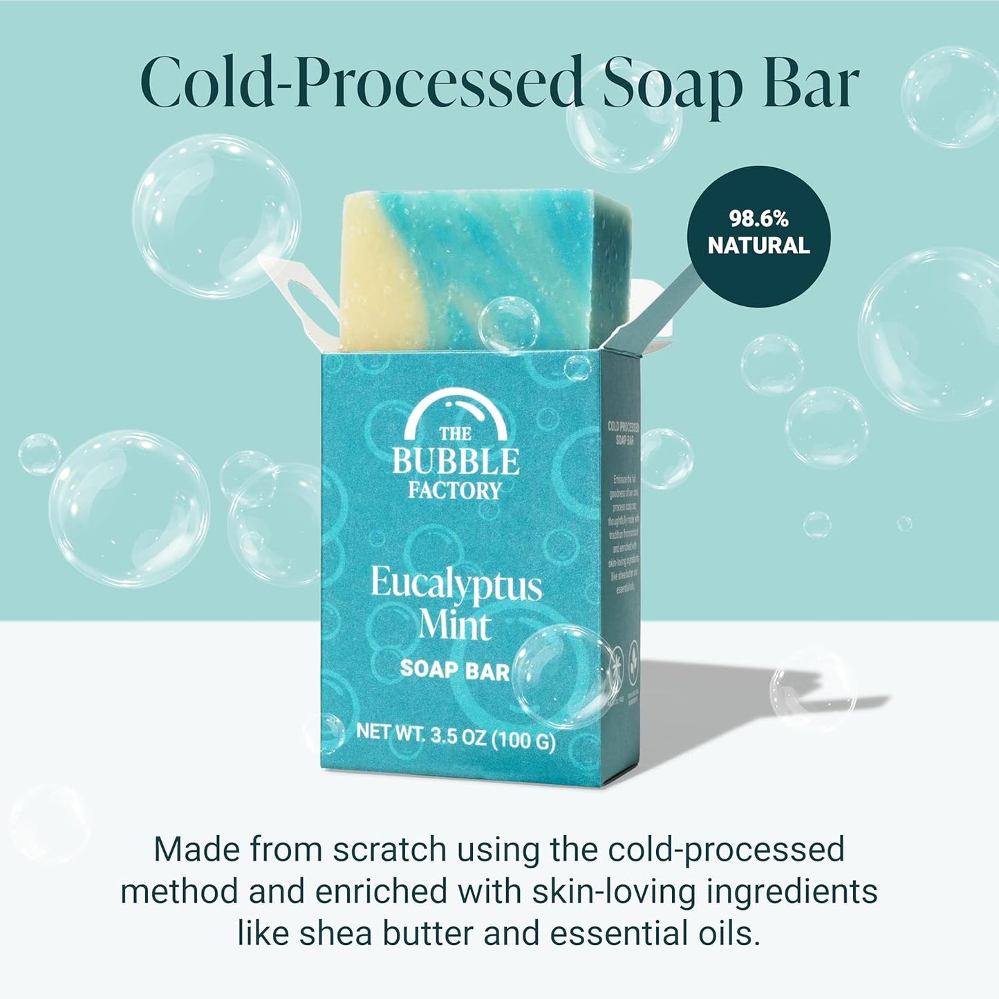 The Bubble Factory Handmade Soap, All Natural Soap for Women & Men, Hand, Bath & Body Natural Bar Soap, Vegan, Palm Oil Free, Made in USA with Shea Butter + Essential Oils, Eucalyptus Mint, 3 Bars