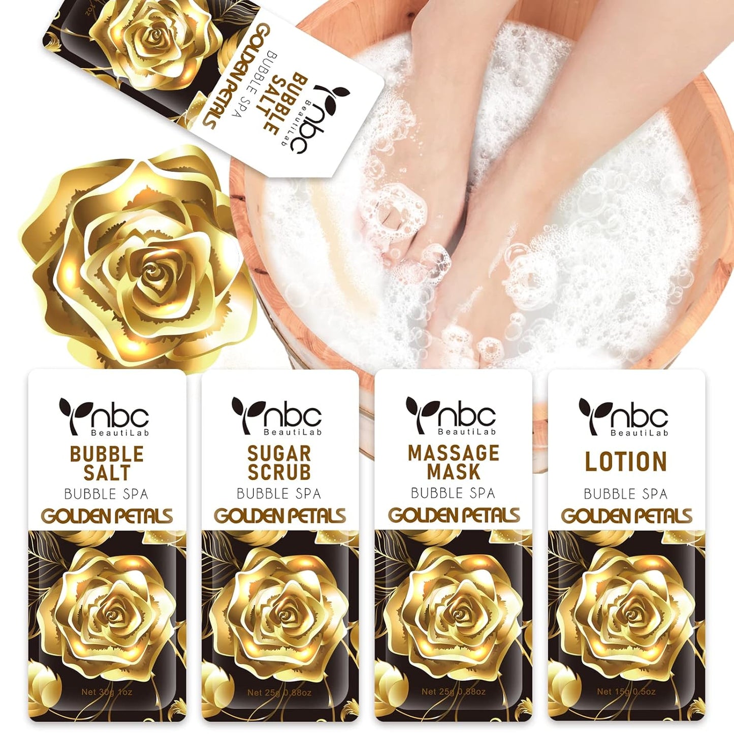 Pedicure Kit Foot Soak Set: Bubble Salt, Sugar Scrub, Massage Mask, Massage Lotion in a Box, 4 Step Foot Spa Kit for Dry Feet,Tired Feet (1 Set Golden Petals)