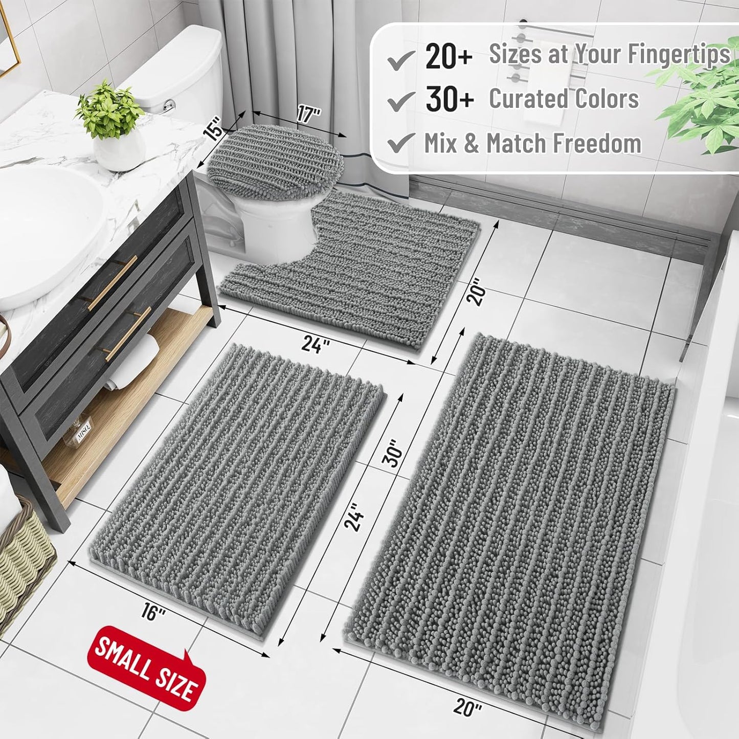 Arotive Luxury Chenille Bathroom Rug Mat, Extra Soft Thick Absorbent Shaggy Bath Rugs, Non-Slip Machine Wash Dry, Plush Bath Mats for Bathroom, Shower and Tub, 50x30, Grey