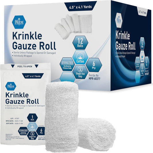 MED PRIDE Sterile Krinkle Gauze Roll 4.5in X 4.1yd 6 Ply Highly Absorbent Cotton Roll Gauze Individually Wrapped Wound Dressing (12 12 Count (Pack of 1))
